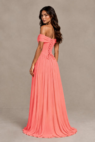 BOLODOO Coral Off-Shoulder Sweetheart Corset Pleated Chiffon Maxi Dress 