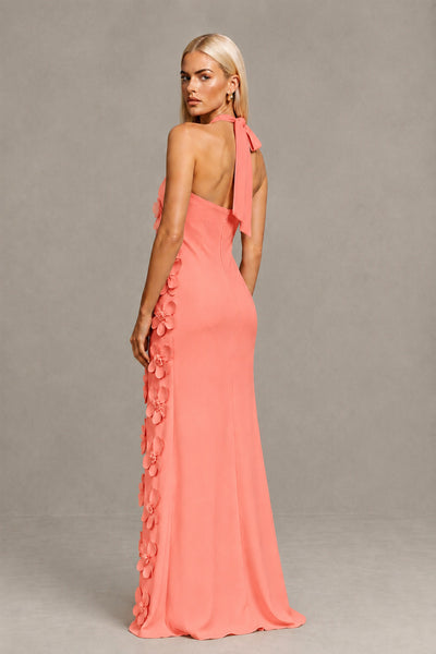 BOLODOO Coral Cross Halter Neck 3D Floral Appliqué Backless Mermaid Maxi Gown 