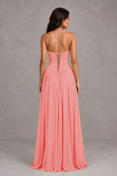 BOLODOO Coral Lace Corset Halter Maxi Gown – Backless A-Line Formal Dress 