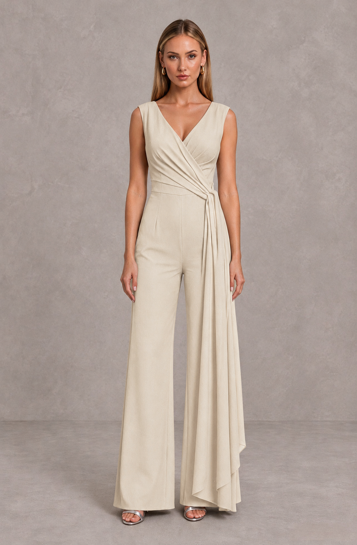 BOLODOO Cream Sleeveless V-Neck Wide-Leg Jumpsuit with Side Drape - Cream - Cream_01