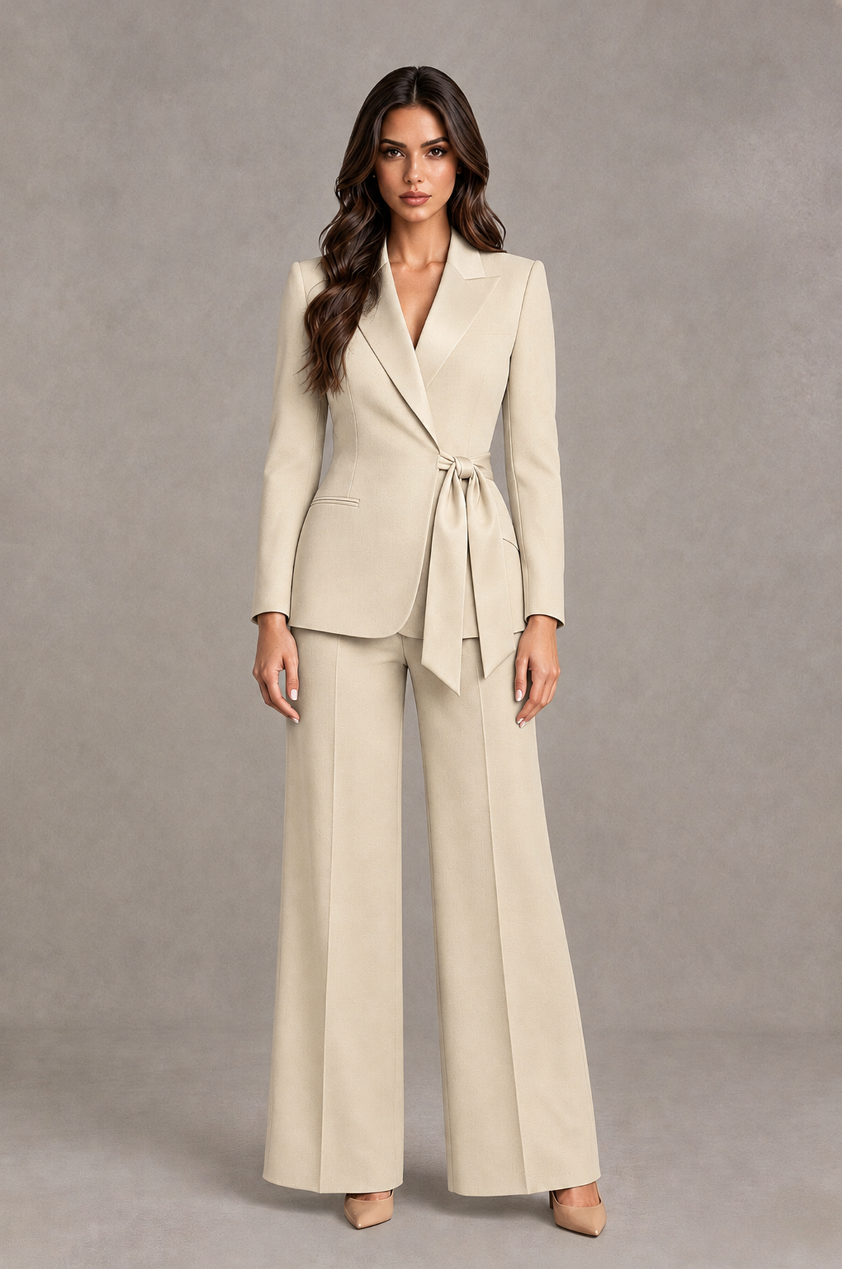 BOLODOO Cream Tie-Waist Blazer & Wide-Leg Pantsuit - Cream - Cream_01