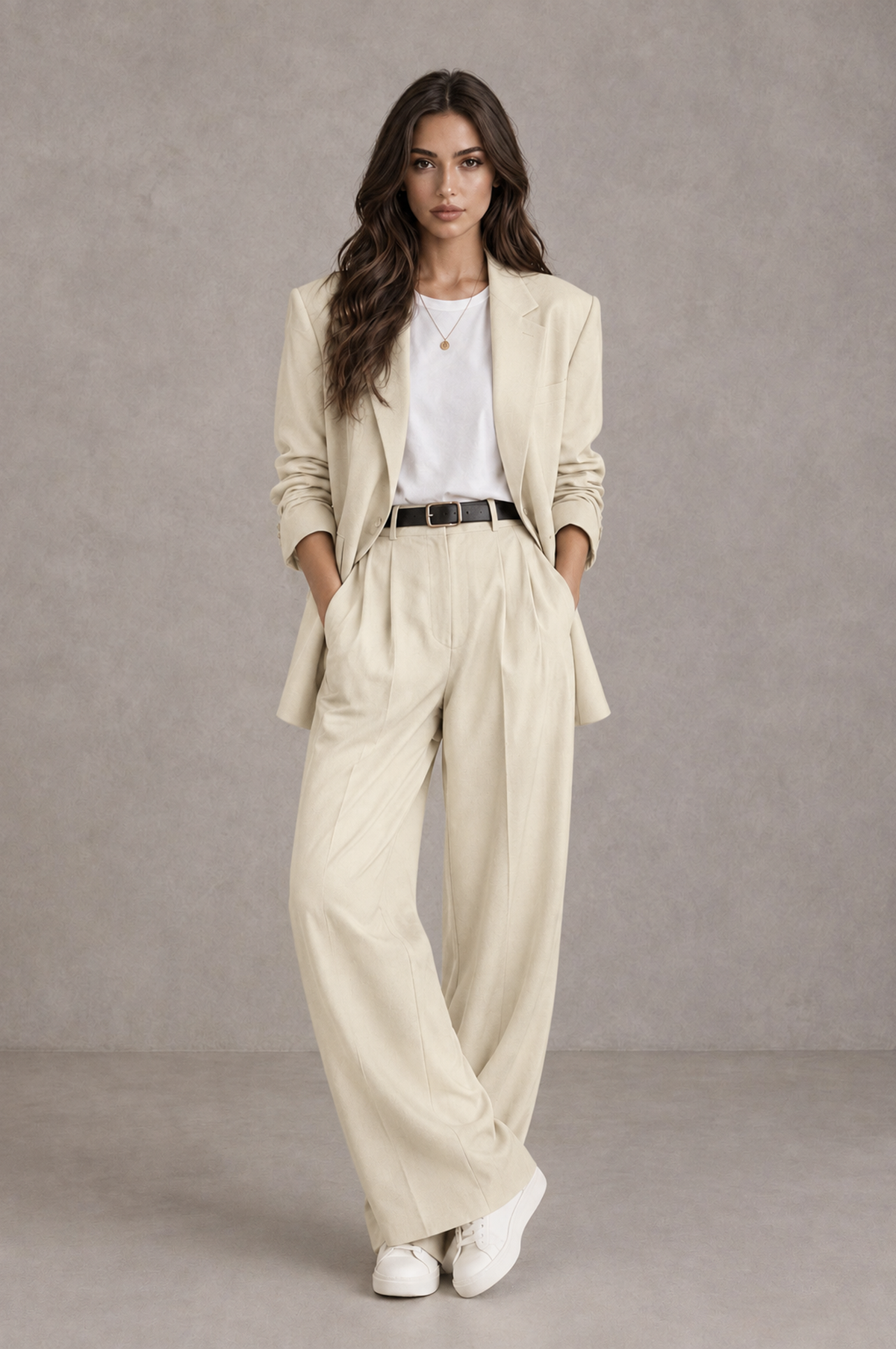 BOLODOO Cream Brown Blazer & Wide-Leg Pants Suit for Women - Cream - Cream_01
