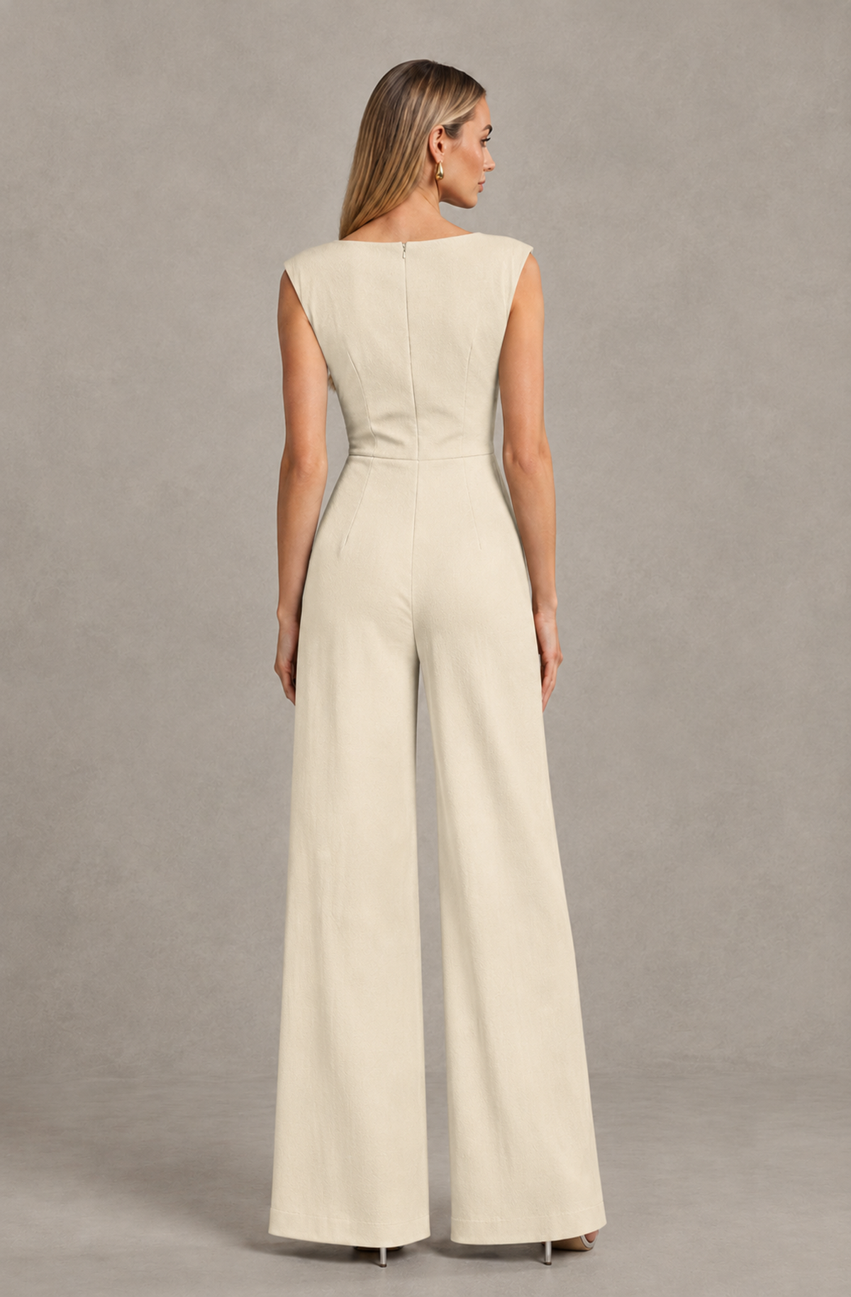 BOLODOO Cream Sleeveless V-Neck Wide-Leg Jumpsuit with Side Drape - Cream - Cream_02