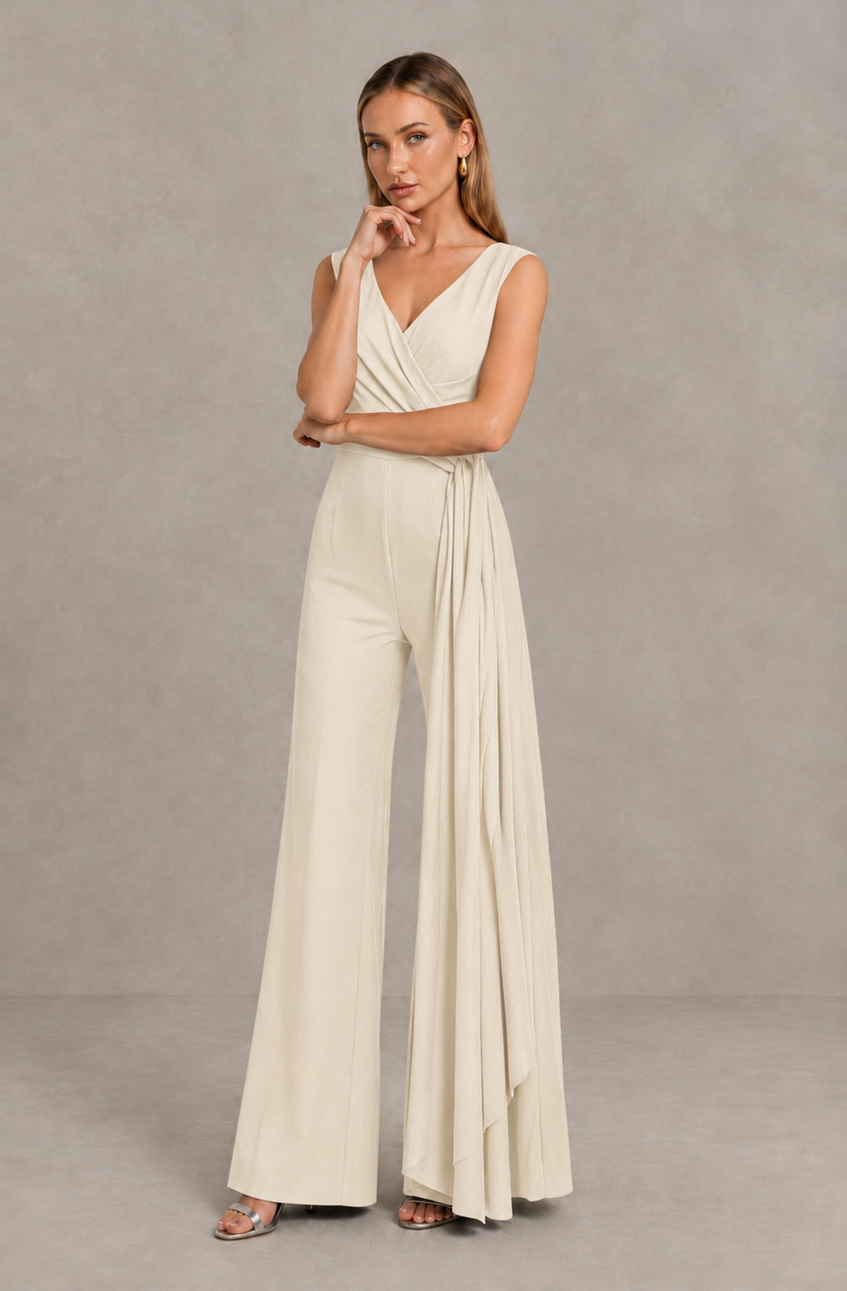 BOLODOO Cream Sleeveless V-Neck Wide-Leg Jumpsuit with Side Drape - Cream - Cream_03