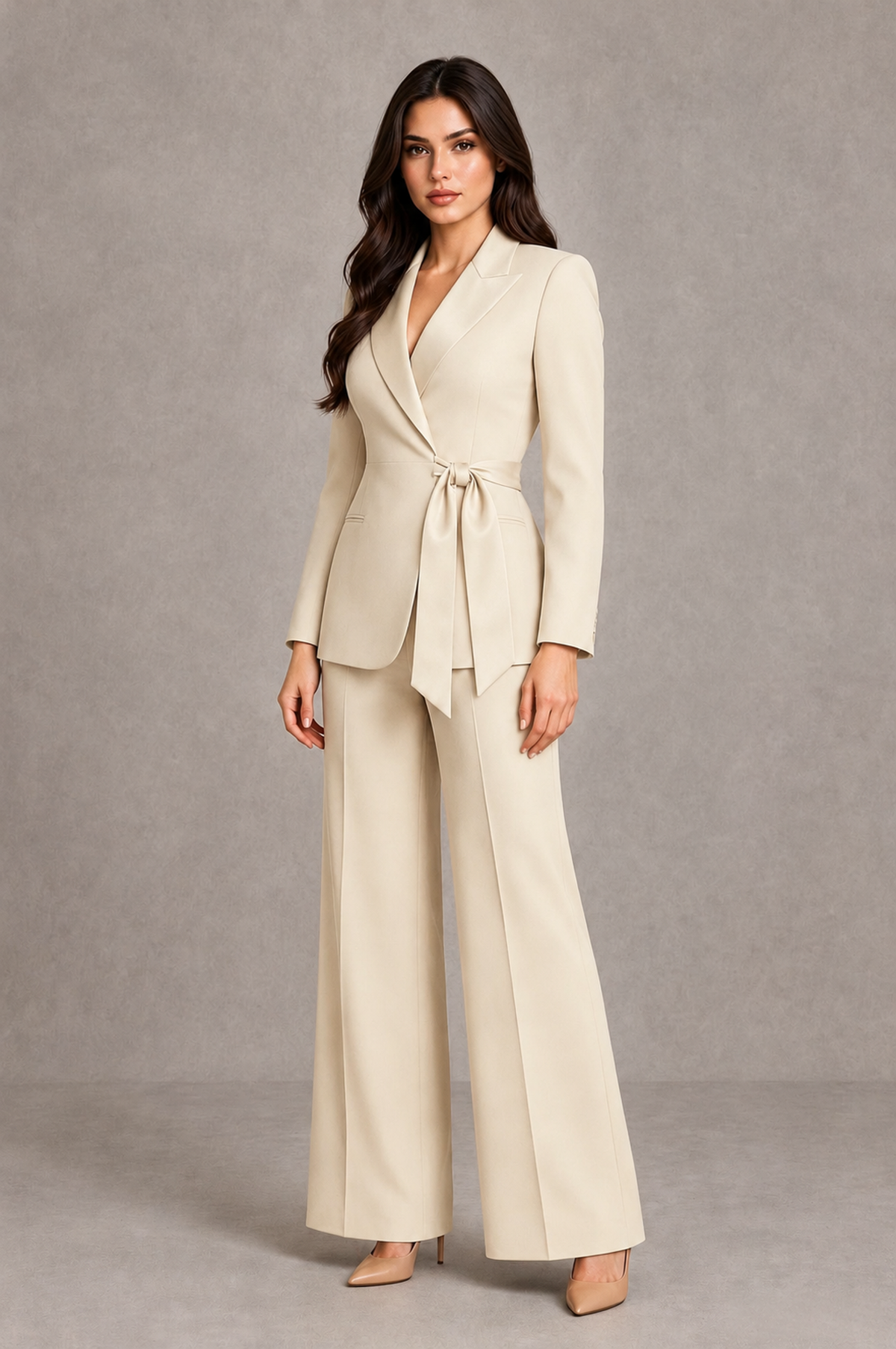 BOLODOO Cream Tie-Waist Blazer & Wide-Leg Pantsuit - Cream - Cream_03