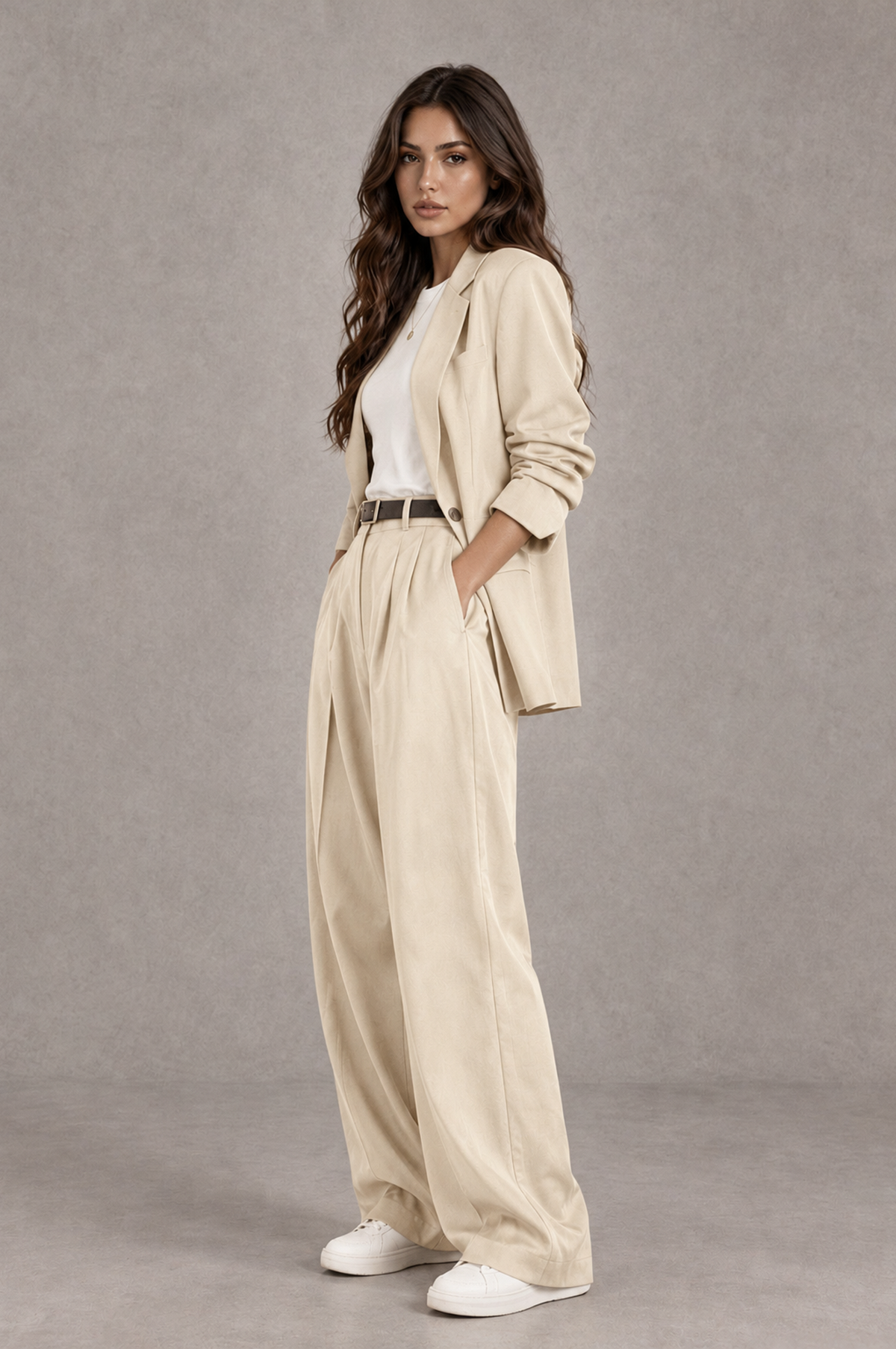 BOLODOO Cream Brown Blazer & Wide-Leg Pants Suit for Women - Cream - Cream_03