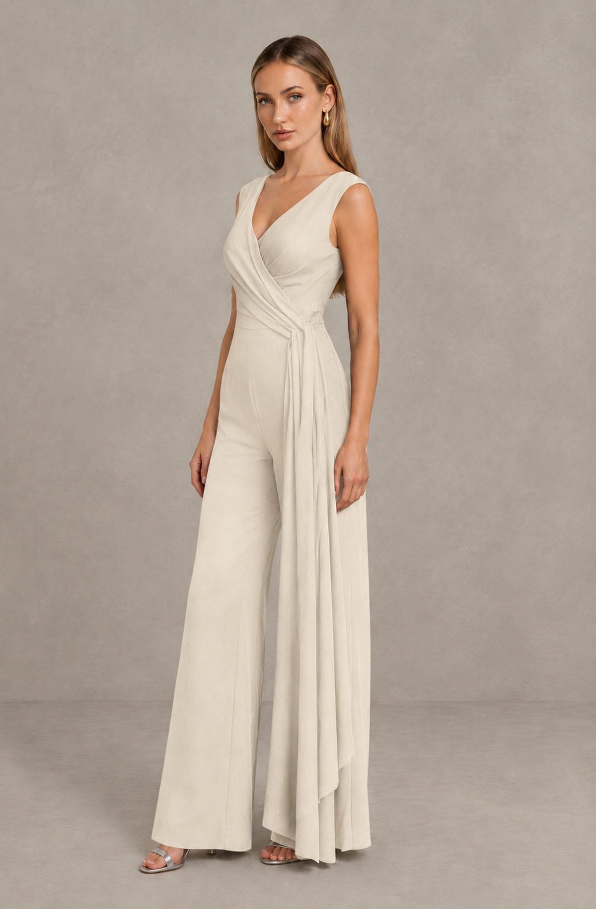 BOLODOO Cream Sleeveless V-Neck Wide-Leg Jumpsuit with Side Drape - Cream - Cream_04