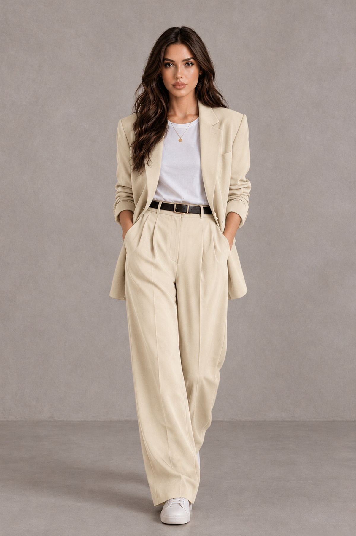 BOLODOO Cream Brown Blazer & Wide-Leg Pants Suit for Women - Cream - Cream_04