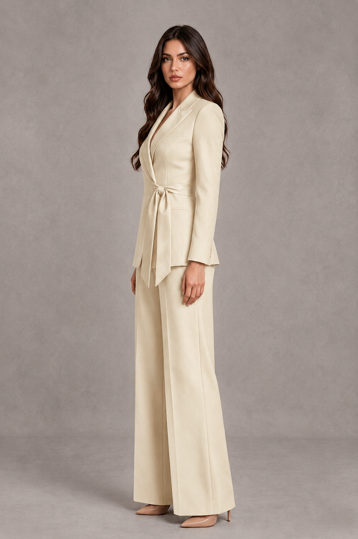 BOLODOO Cream Tie-Waist Blazer & Wide-Leg Pantsuit - Cream - Cream_04