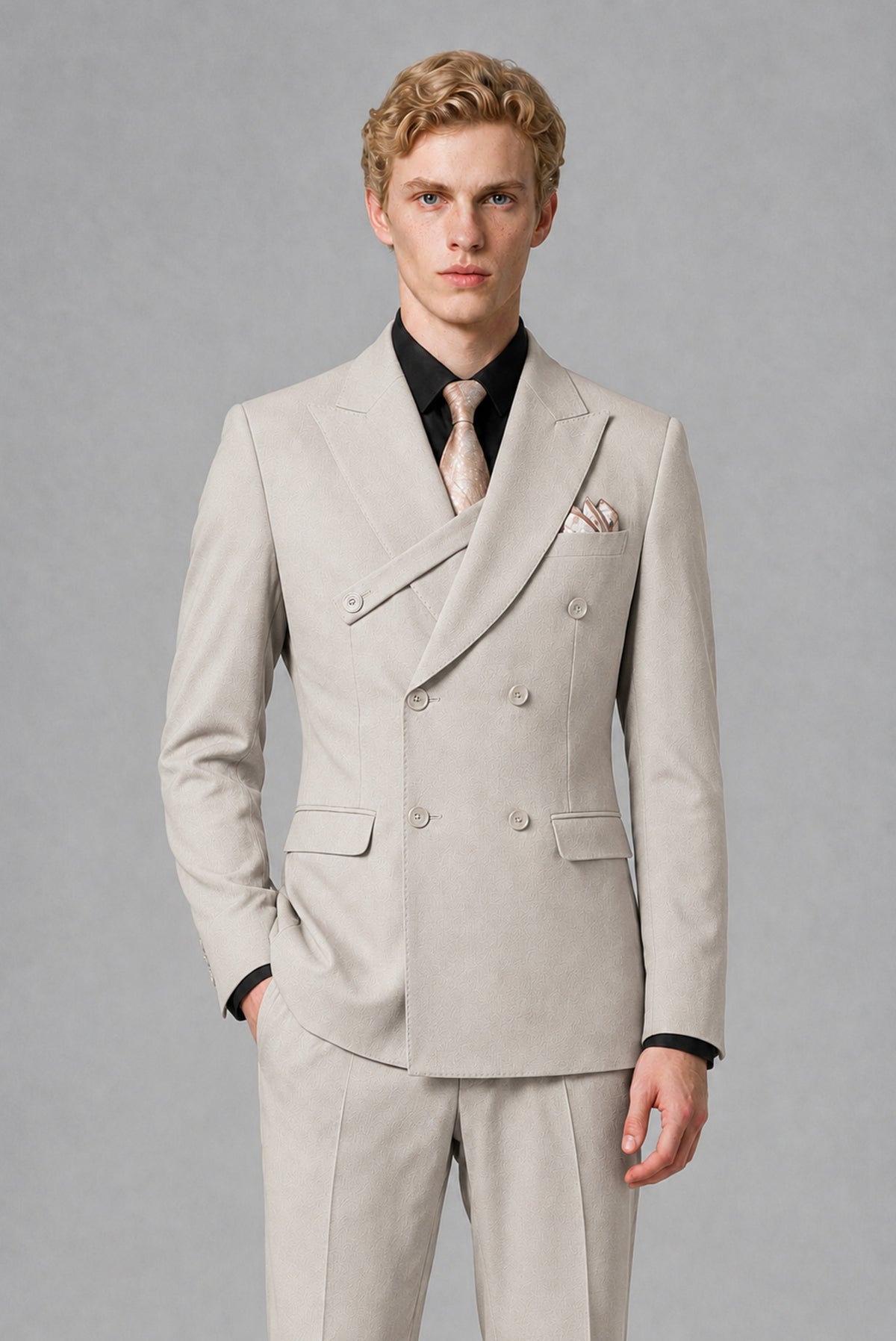 BOLODOO Men's Cream Double-Breasted Two-Piece Suit – Jacket & Trousers - Cream