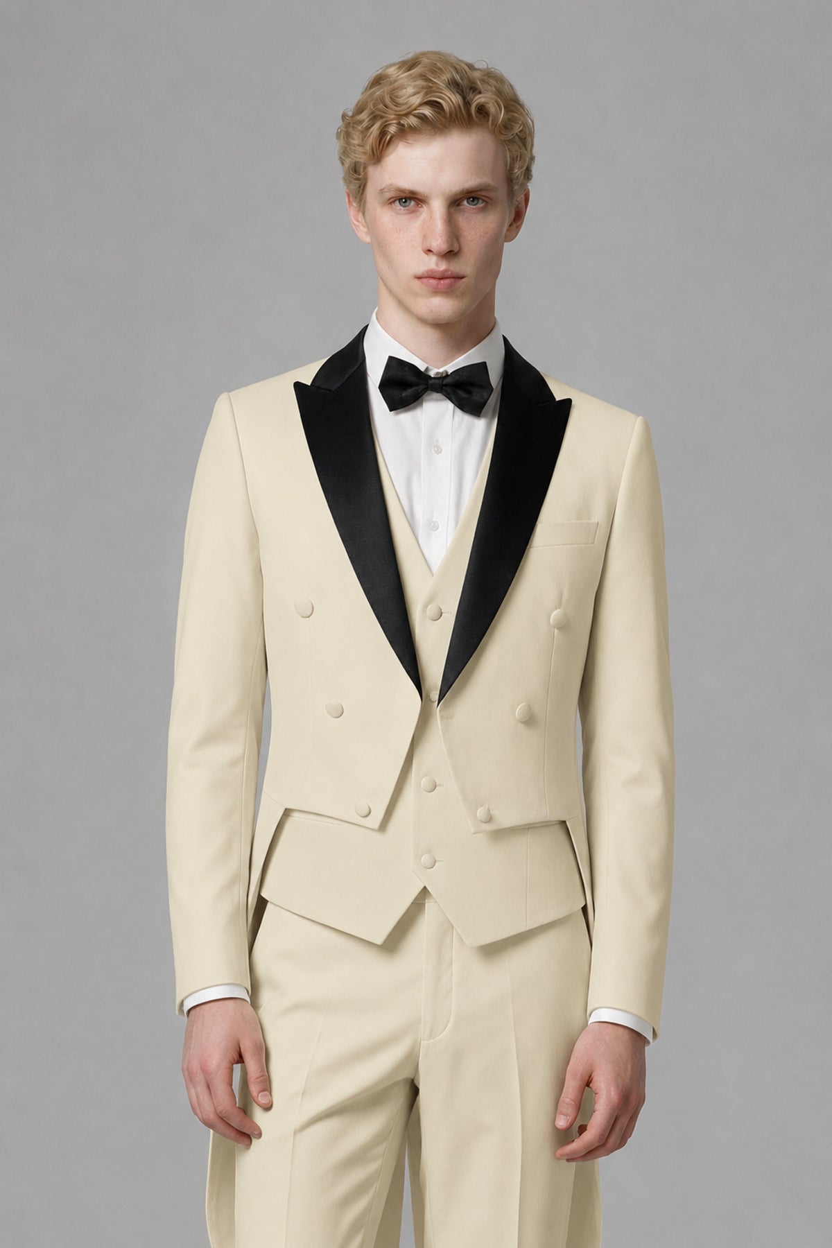 Bolodoo Men's Cream 3-Piece Tailcoat Tuxedo Suit with Vest & Trousers - Cream - Cream_1