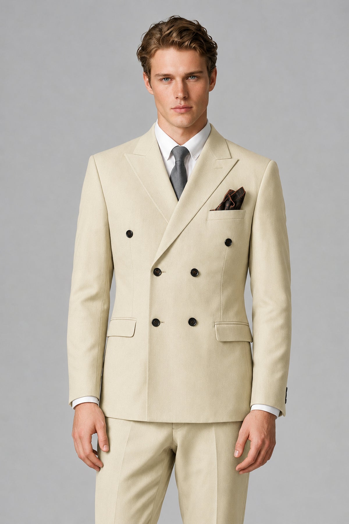 Bolodoo Men's Cream Double-Breasted Two-Piece Suit with Peak Lapels - Cream - Cream_1
