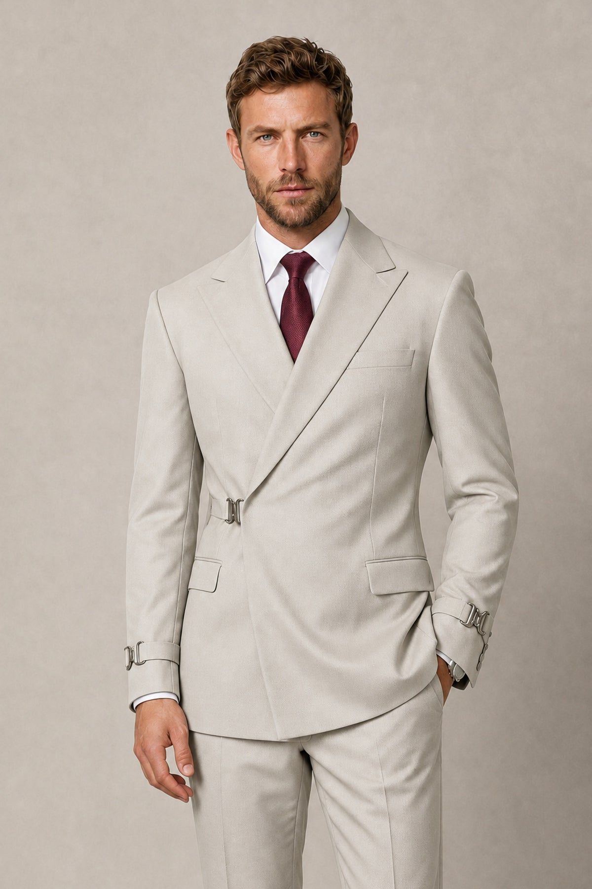 BOLODOO Men's Cream Double-Breasted 2-Piece Suit Set – Blazer & Tailored Trousers - Cream