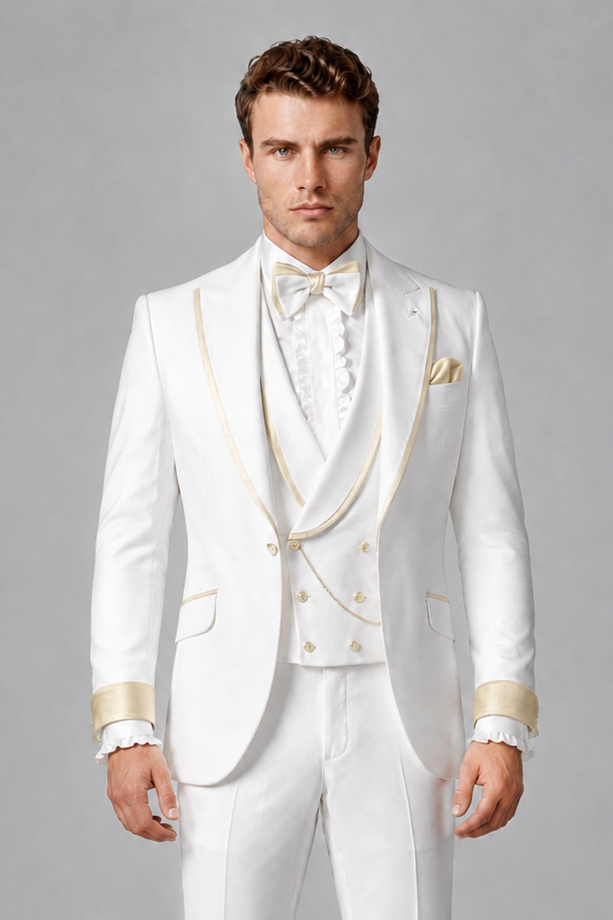 Bolodoo Men's White and Cream Three-Piece Wedding Tuxedo Suit - Cream - Cream_1
