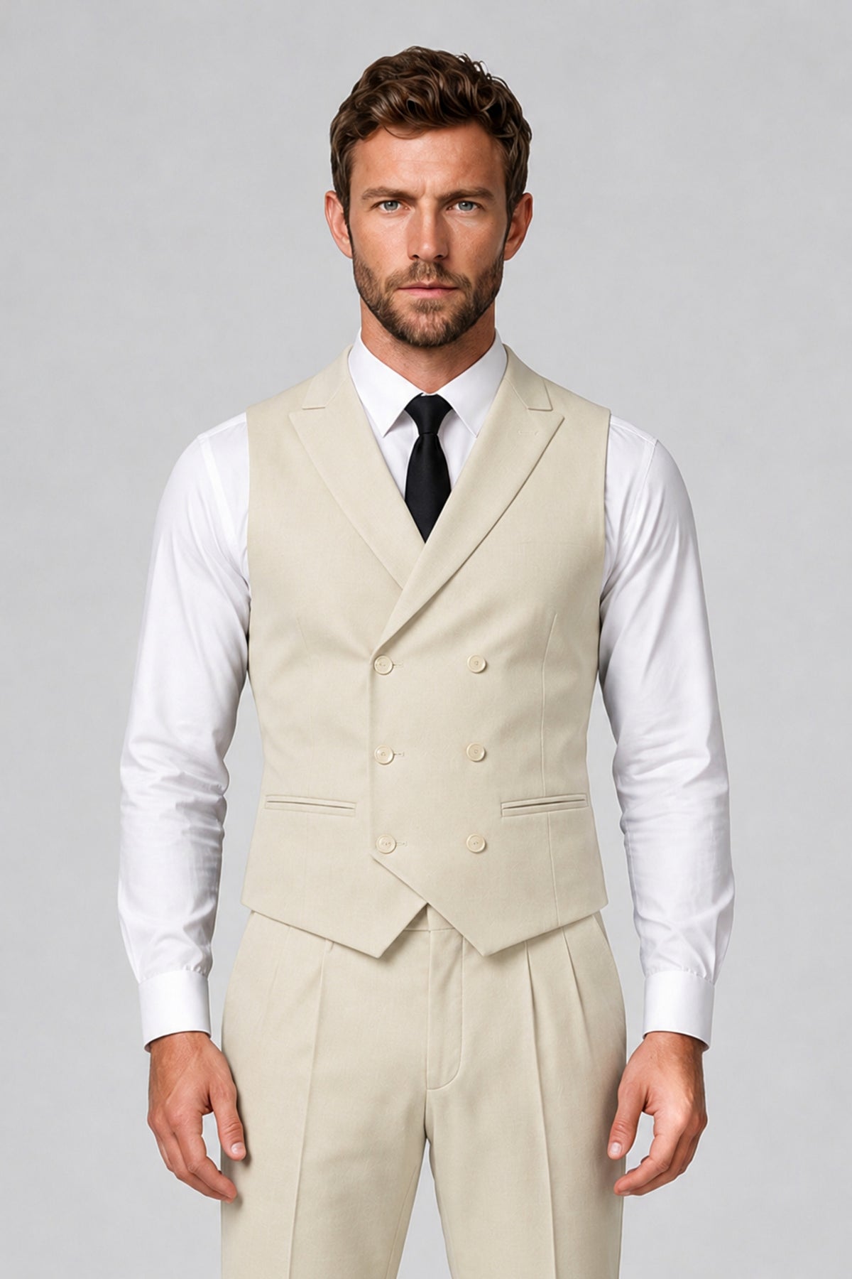 Bolodoo Men's Cream Double-Breasted Vest and Pants 2-Piece Suit - Cream - Cream_1