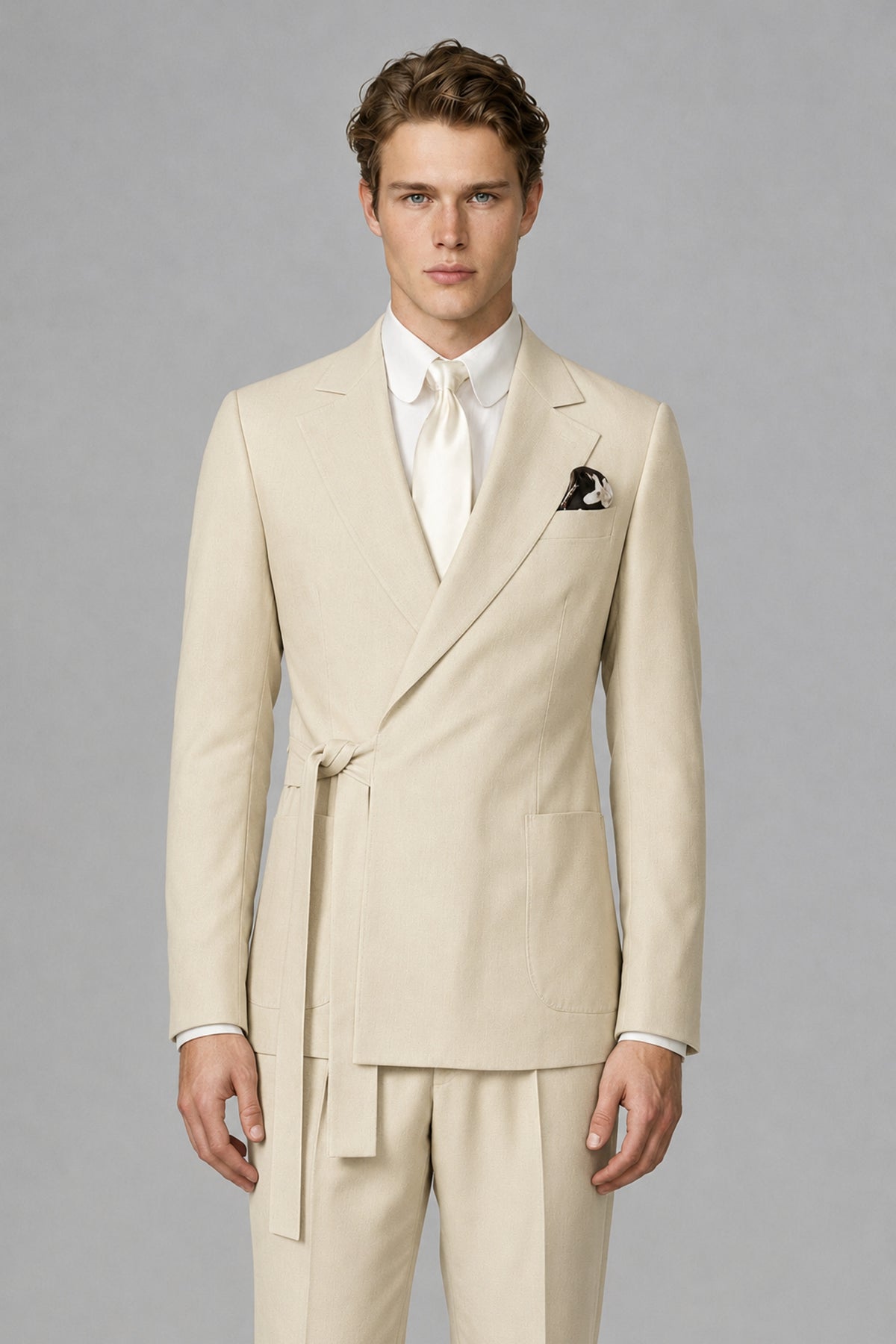 Bolodoo Men's Cream Wrap Tie-Waist Two-Piece Suit – Jacket & Trousers - Cream - Cream_1