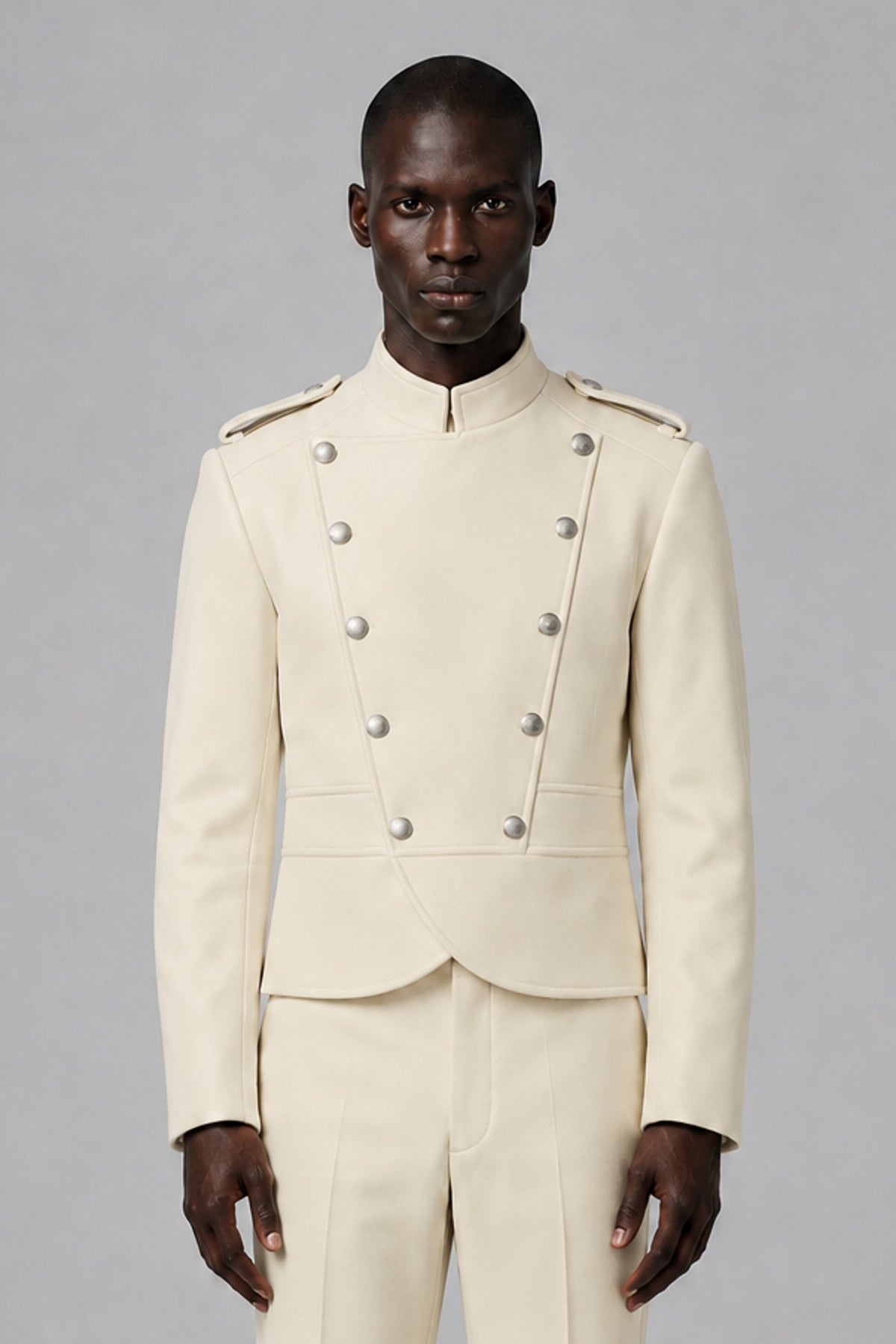 Bolodoo Men's Cream Military-Inspired Two-Piece Suit with Stand Collar - Cream - Cream_1