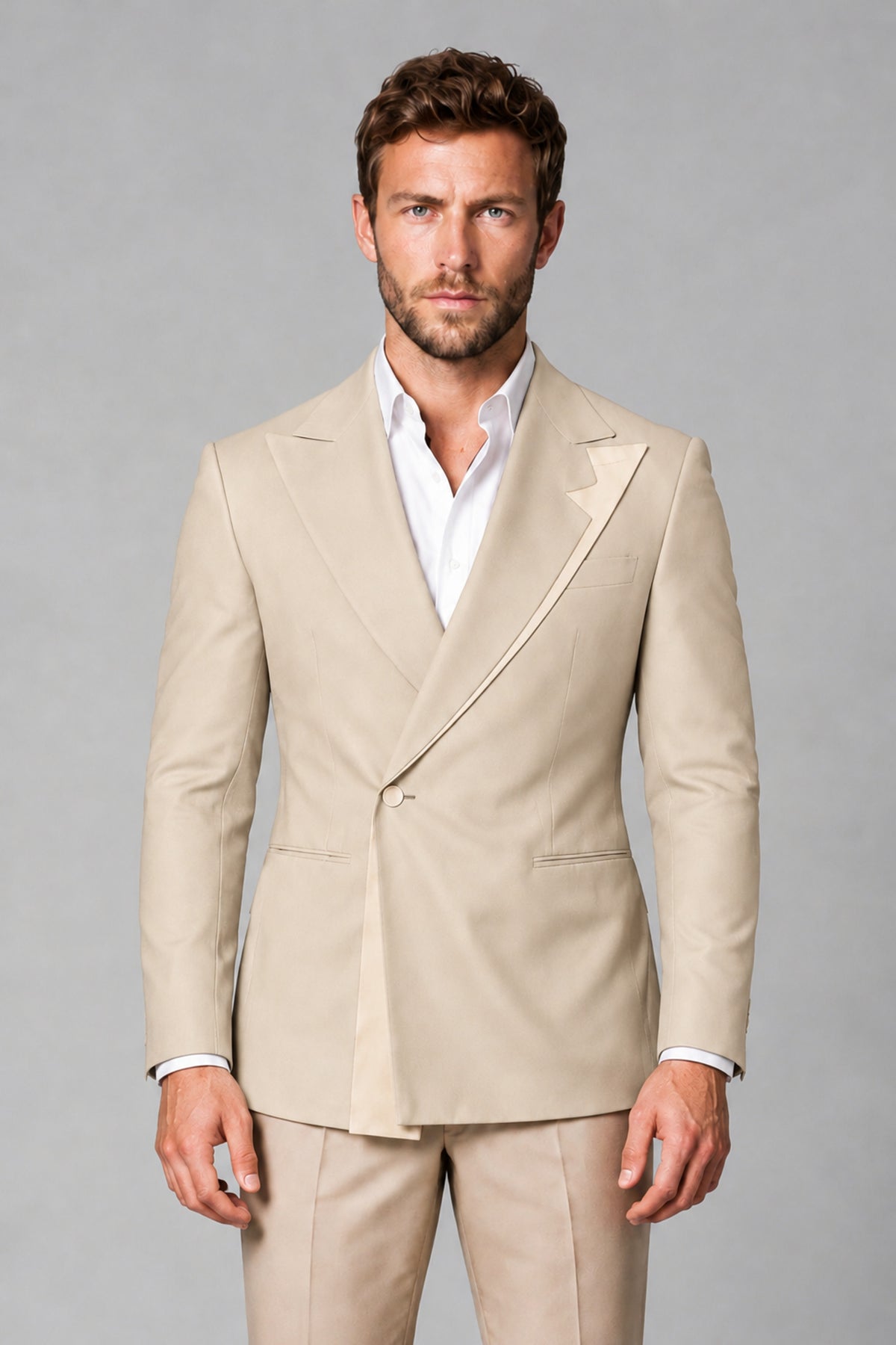 BOLODOO Men's Cream Double-Breasted Blazer & Khaki Trousers Tuxedo 2-Piece Suit Set - Cream - Cream_1