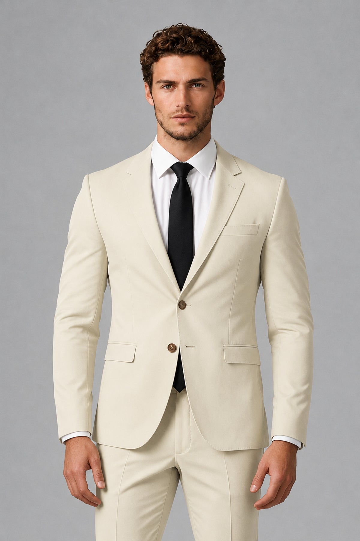 Bolodoo Men's Cream Two-Piece Suit with Notch-Lapel Jacket & Trousers - Cream - Cream_1