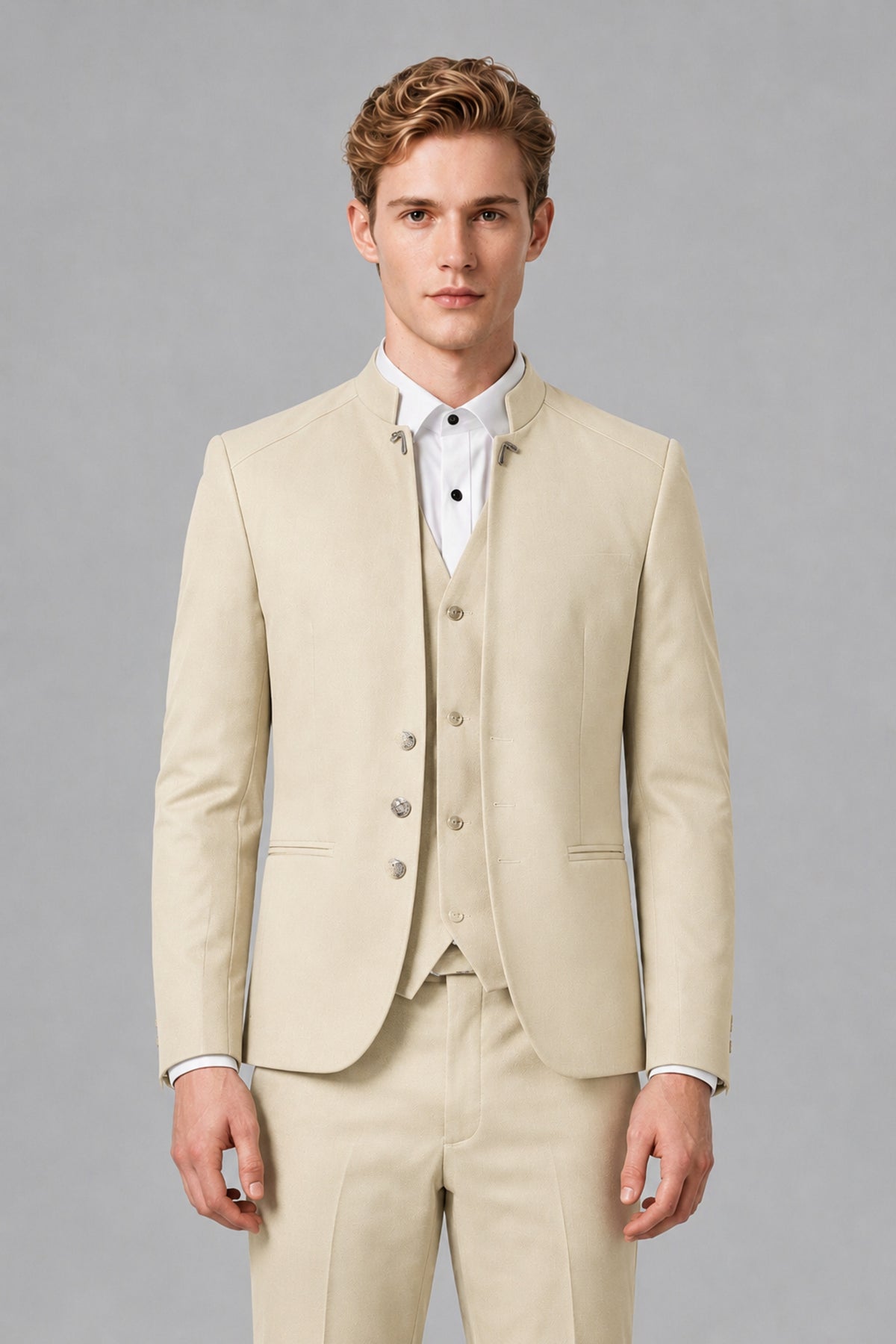 Bolodoo Men's Cream Mandarin Collar 3-Piece Suit – Jacket, Vest & Trousers - Cream - Cream_1