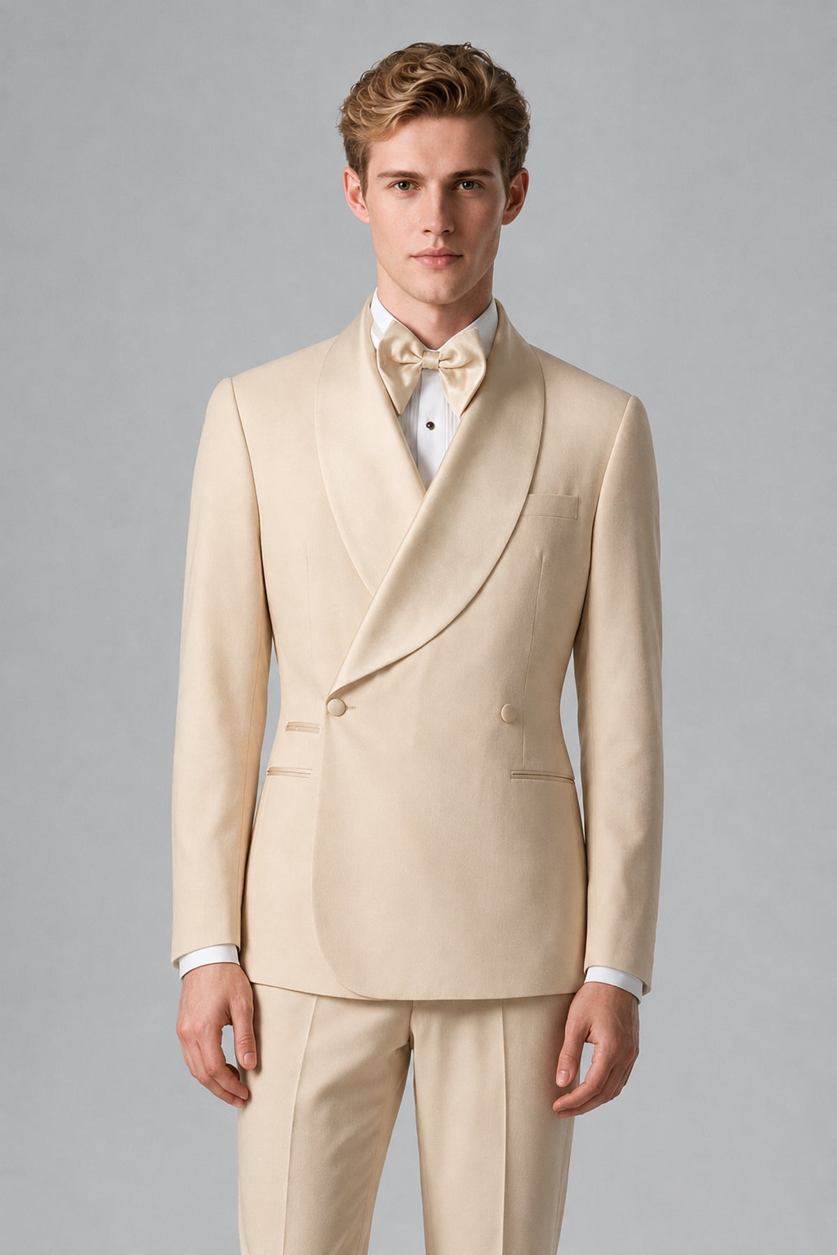 Bolodoo Men's Cream Shawl Lapel 2-Piece Tuxedo Suit – Jacket & Trousers - Cream - Cream(1)