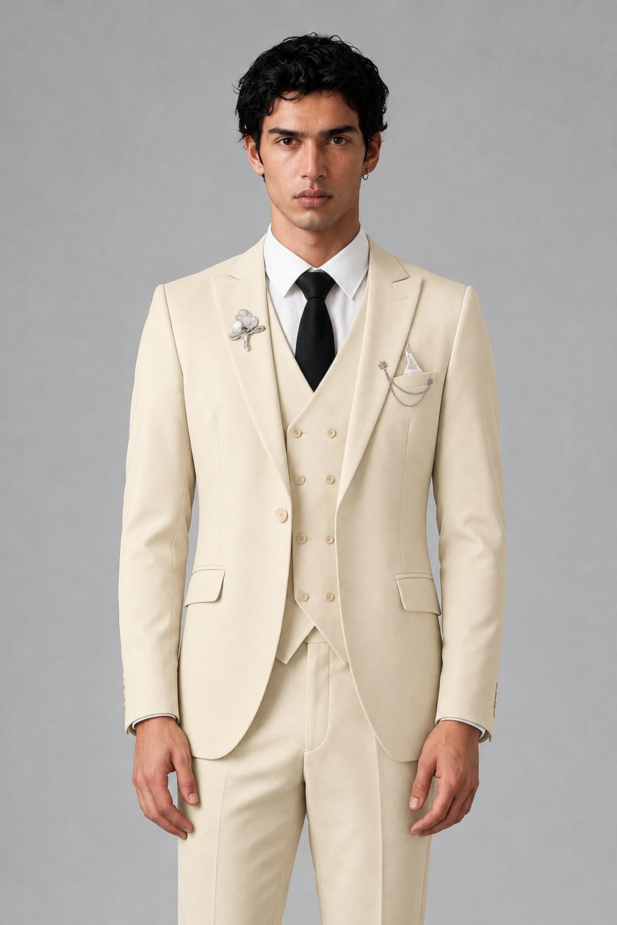 Bolodoo Men's Cream 2-Piece Suit – Notch Lapel Jacket & Trousers - Cream - Cream_1