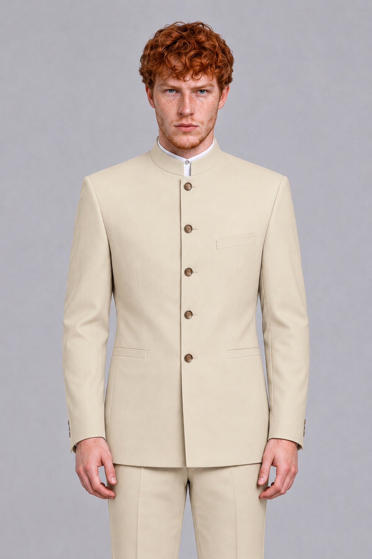BOLODOO Men's Cream Mandarin Collar Two-Piece Suit - Cream - Cream_1