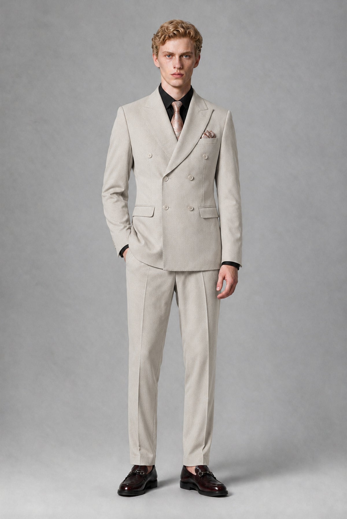 BOLODOO Men's Cream Double-Breasted Two-Piece Suit – Jacket & Trousers - Cream