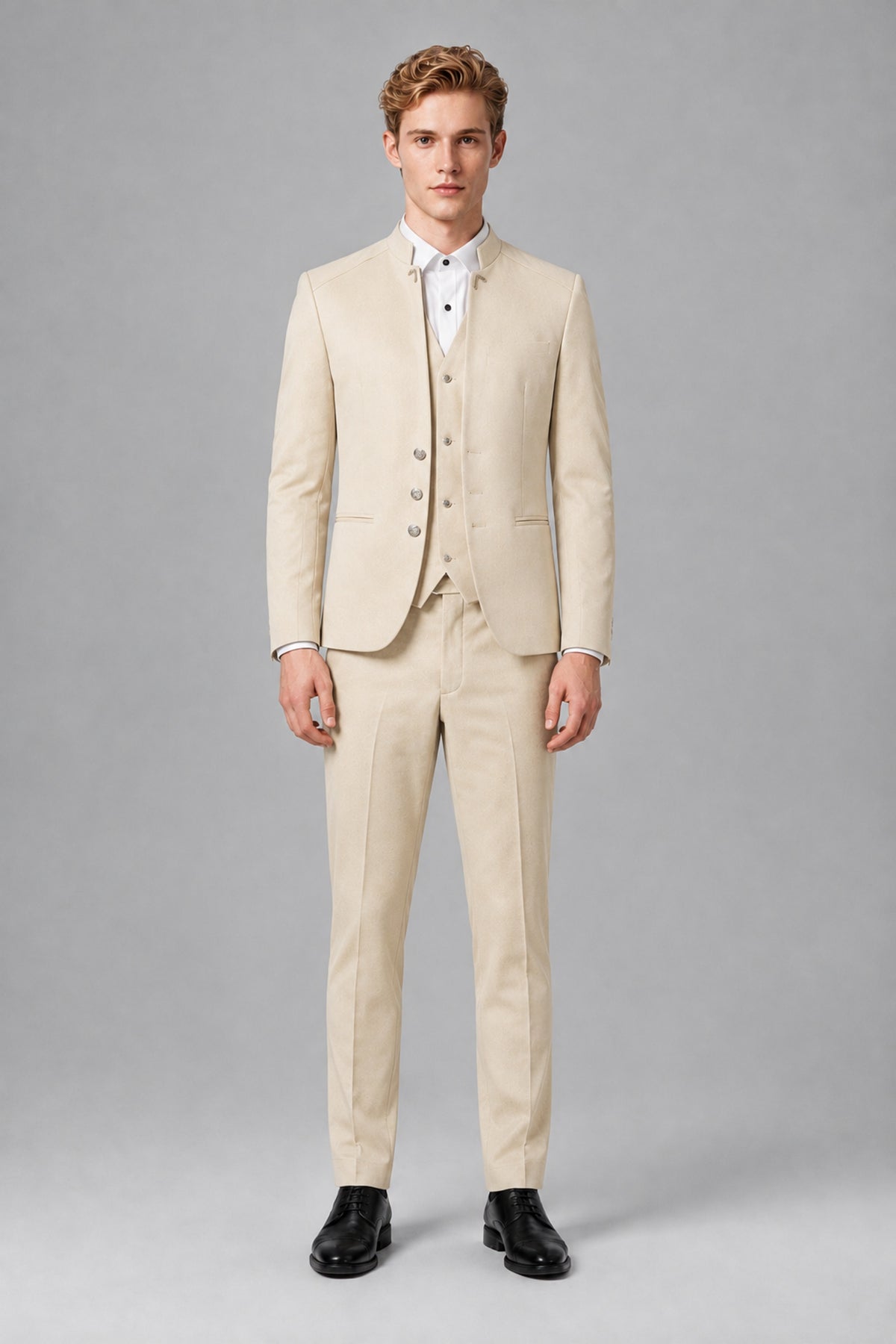 Bolodoo Men's Cream Mandarin Collar 3-Piece Suit – Jacket, Vest & Trousers - Cream - Cream_2
