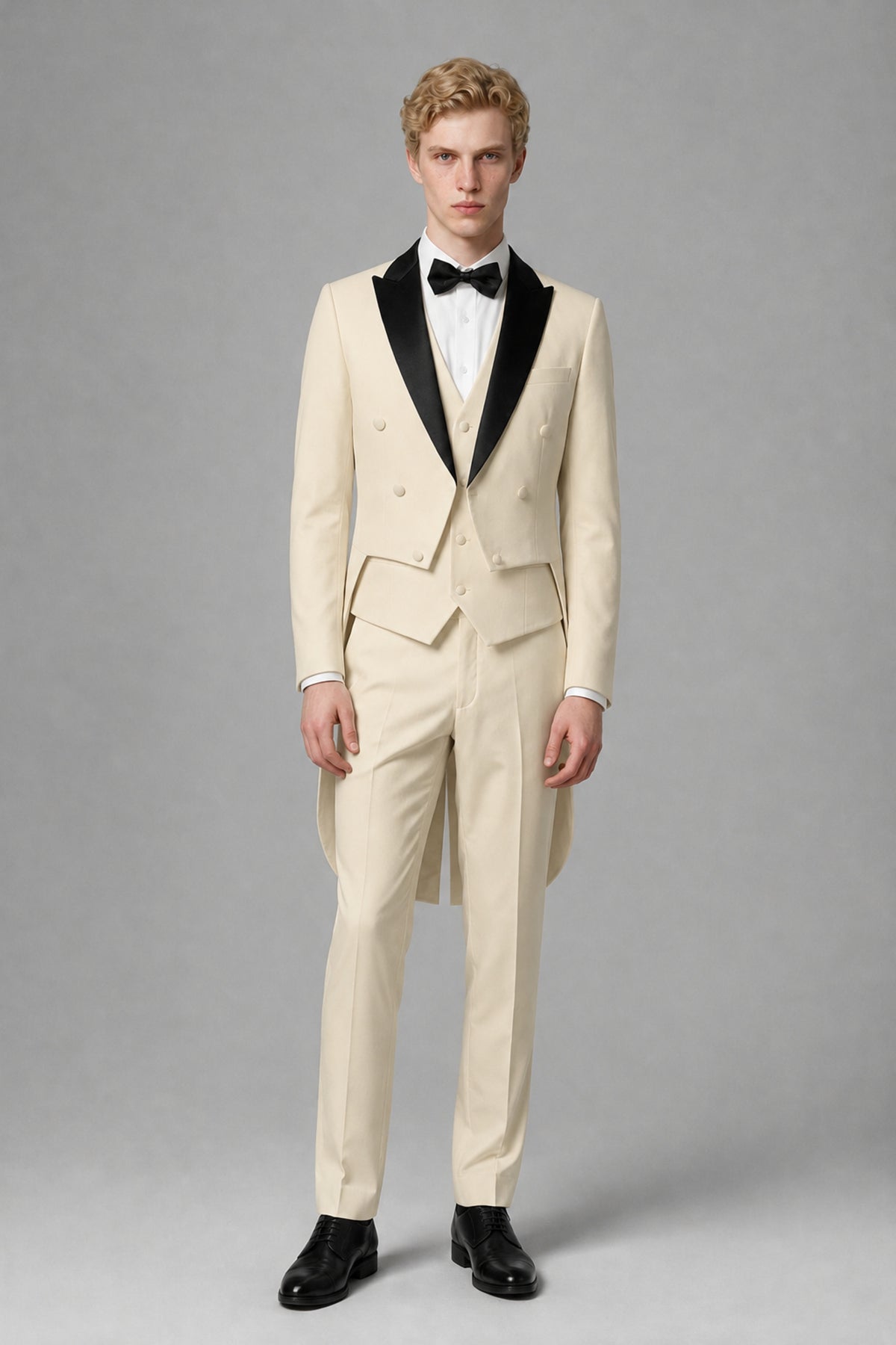 Bolodoo Men's Cream 3-Piece Tailcoat Tuxedo Suit with Vest & Trousers - Cream - Cream_2
