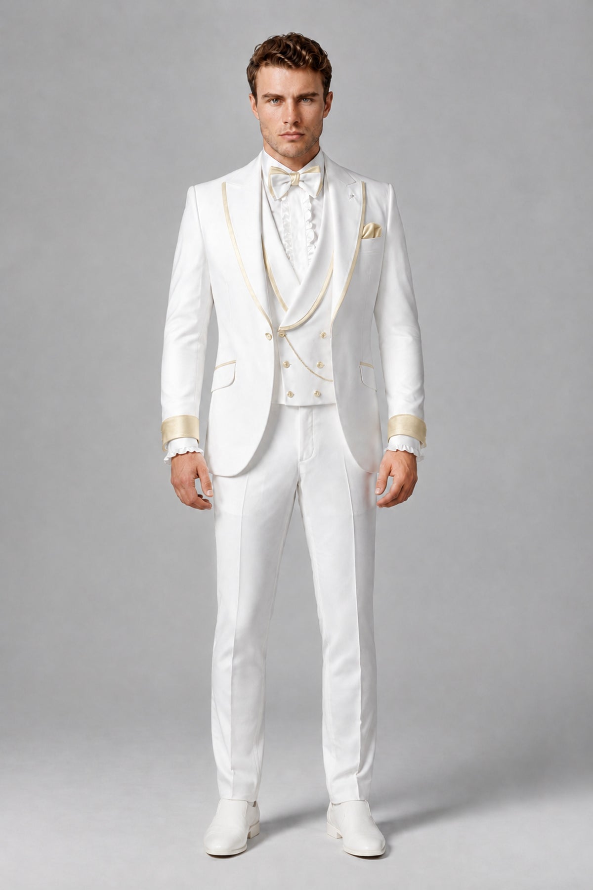 Bolodoo Men's White and Cream Three-Piece Wedding Tuxedo Suit - Cream - Cream_2