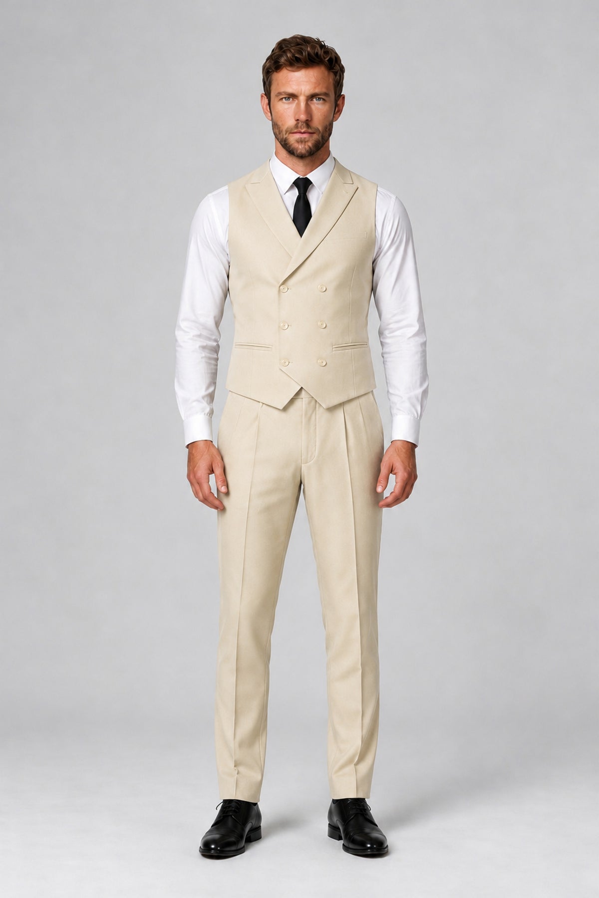 Bolodoo Men's Cream Double-Breasted Vest and Pants 2-Piece Suit - Cream - Cream_2