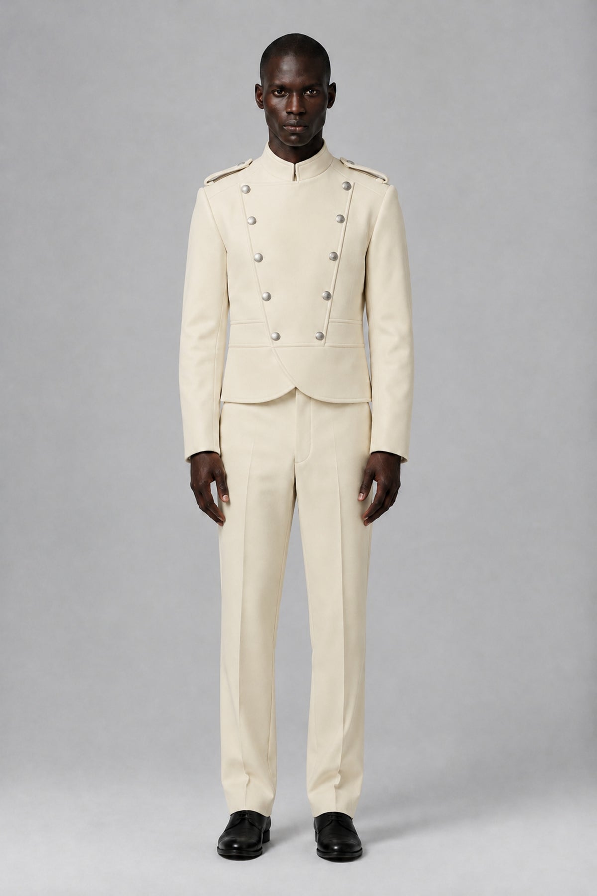 Bolodoo Men's Cream Military-Inspired Two-Piece Suit with Stand Collar - Cream - Cream_2
