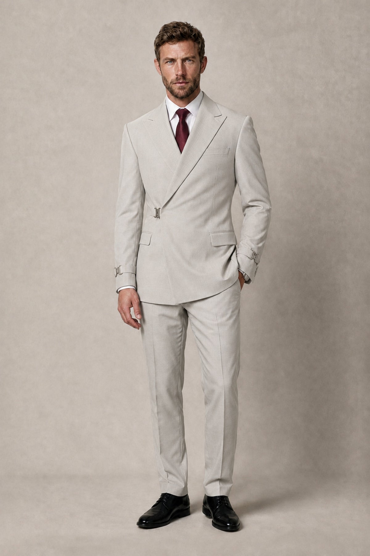 BOLODOO Men's Cream Double-Breasted 2-Piece Suit Set – Blazer & Tailored Trousers - Cream