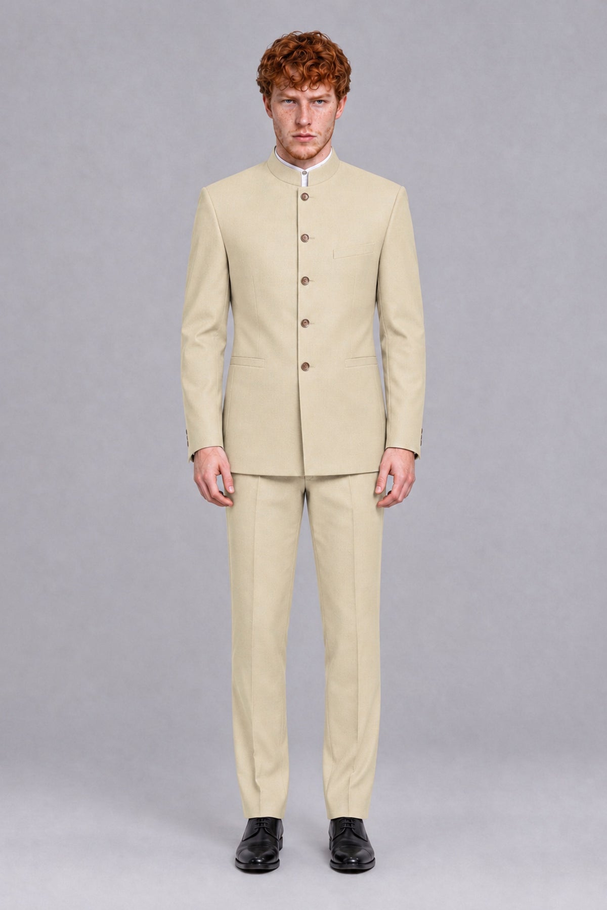 BOLODOO Men's Cream Mandarin Collar Two-Piece Suit - Cream - Cream_2