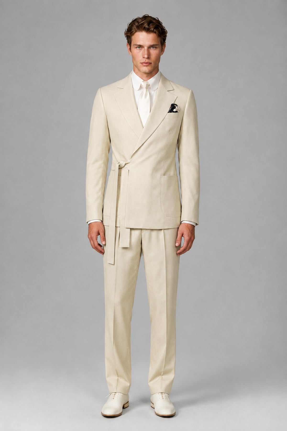 Bolodoo Men's Cream Wrap Tie-Waist Two-Piece Suit – Jacket & Trousers - Cream - Cream_2