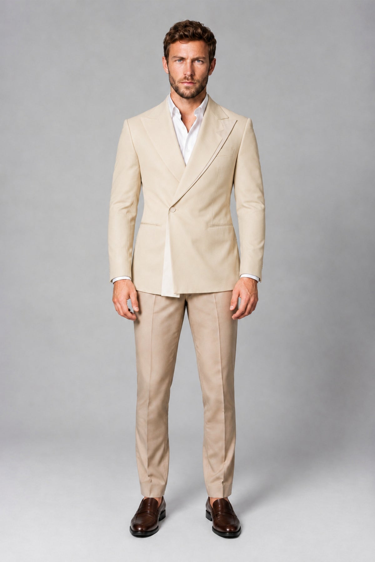BOLODOO Men's Cream Double-Breasted Blazer & Khaki Trousers Tuxedo 2-Piece Suit Set - Cream - Cream_2