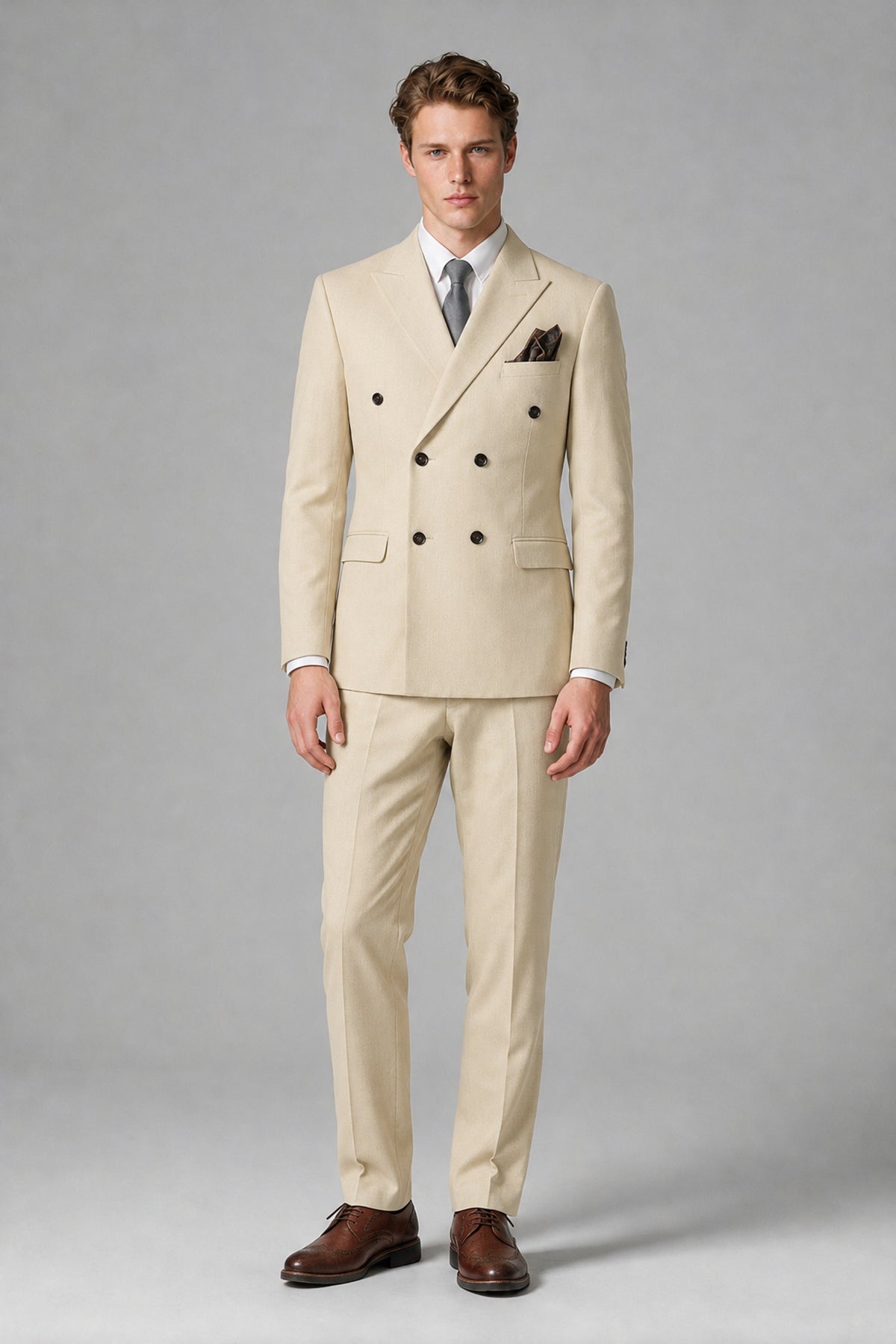 Bolodoo Men's Cream Double-Breasted Two-Piece Suit with Peak Lapels - Cream - Cream_2