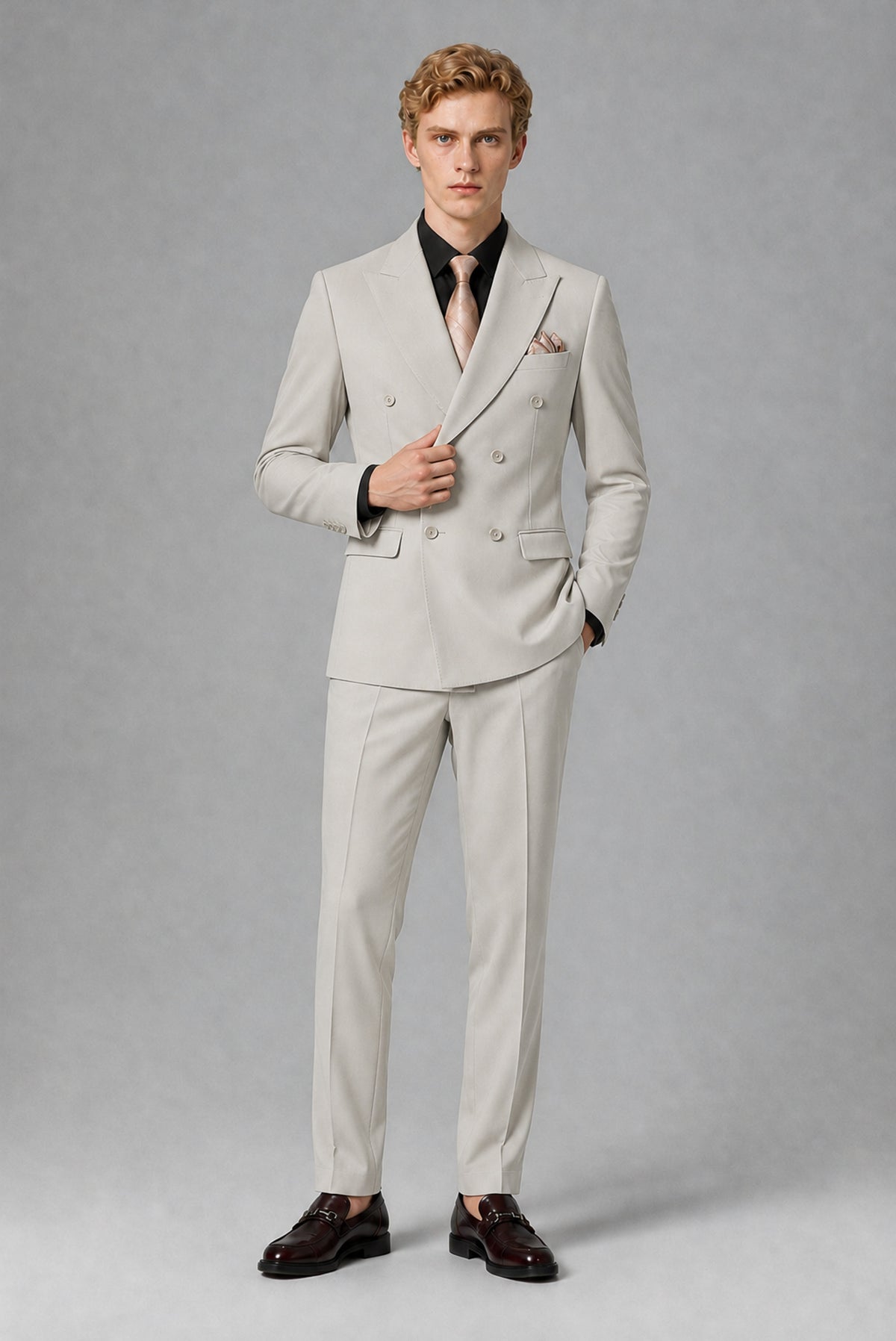 BOLODOO Men's Cream Double-Breasted Two-Piece Suit – Jacket & Trousers - Cream