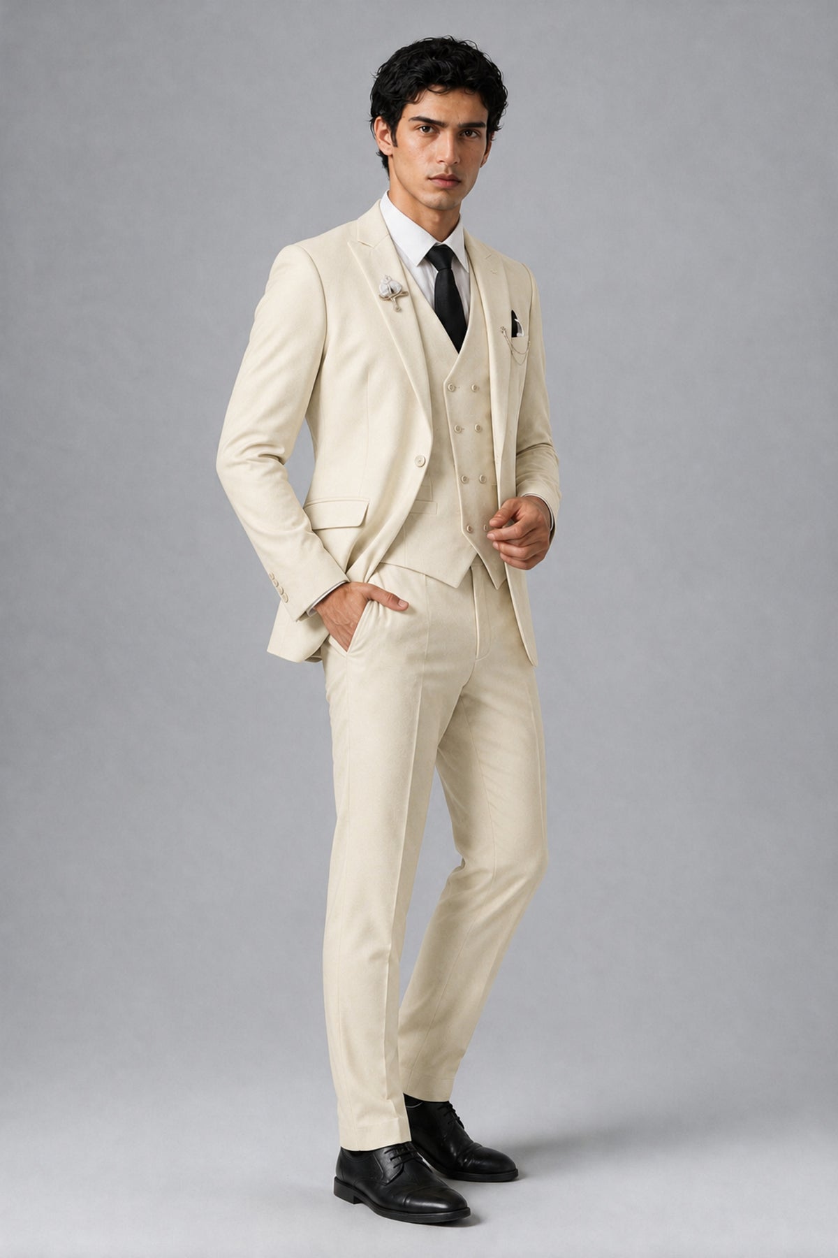 Bolodoo Men's Cream 2-Piece Suit – Notch Lapel Jacket & Trousers - Cream - Cream_3