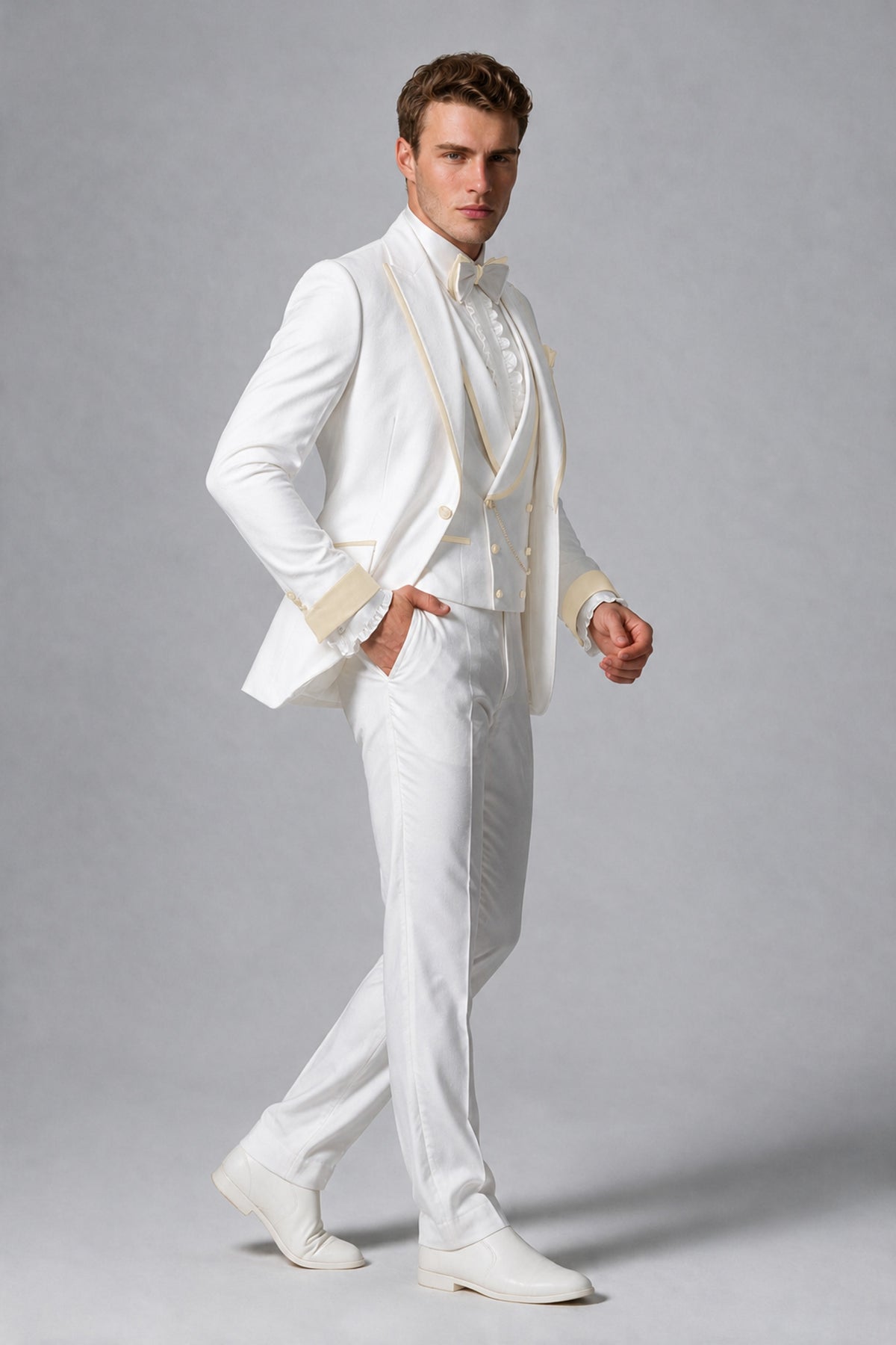 Bolodoo Men's White and Cream Three-Piece Wedding Tuxedo Suit - Cream - Cream_4