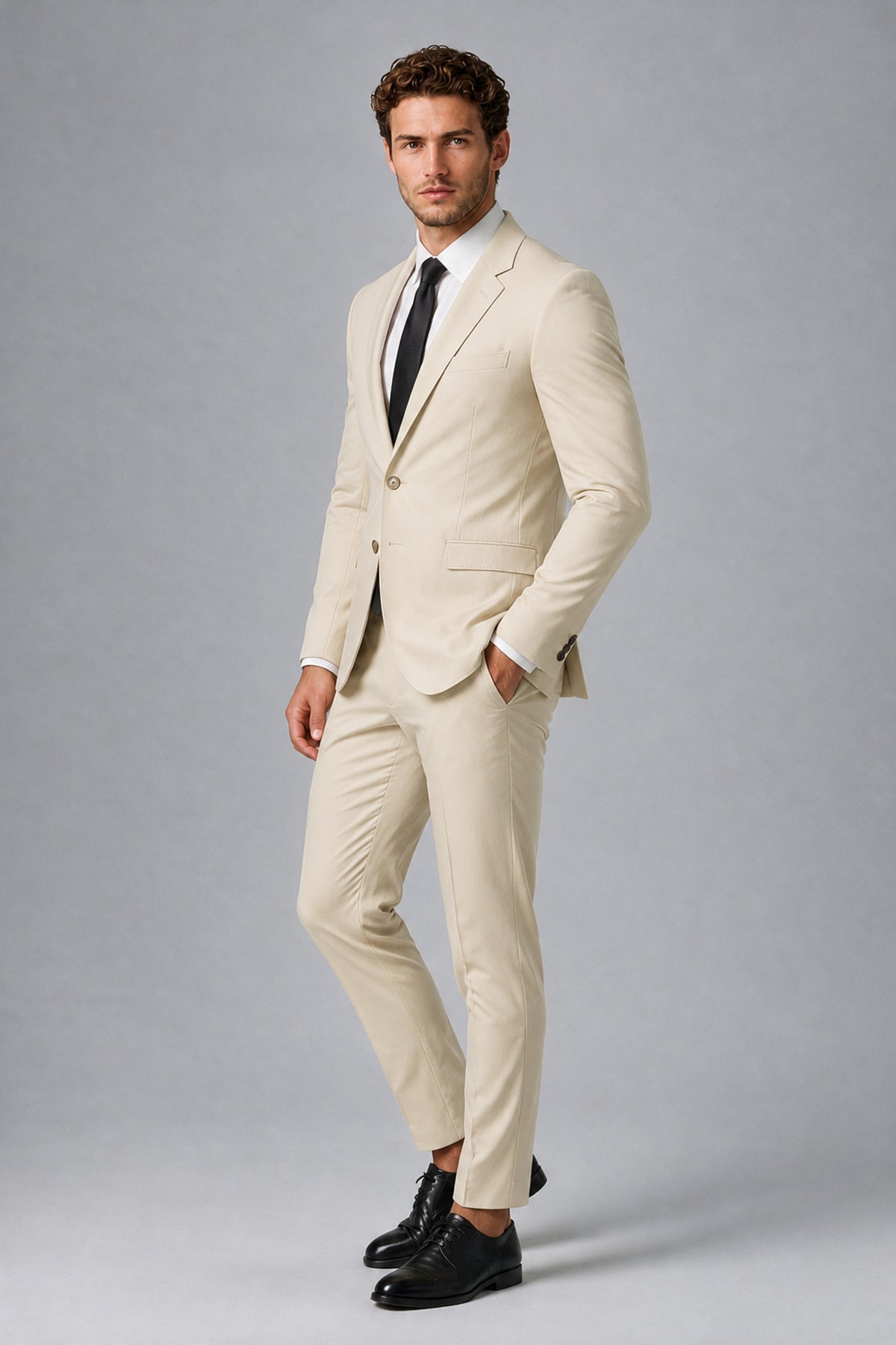 Bolodoo Men's Cream Two-Piece Suit with Notch-Lapel Jacket & Trousers - Cream - Cream_4