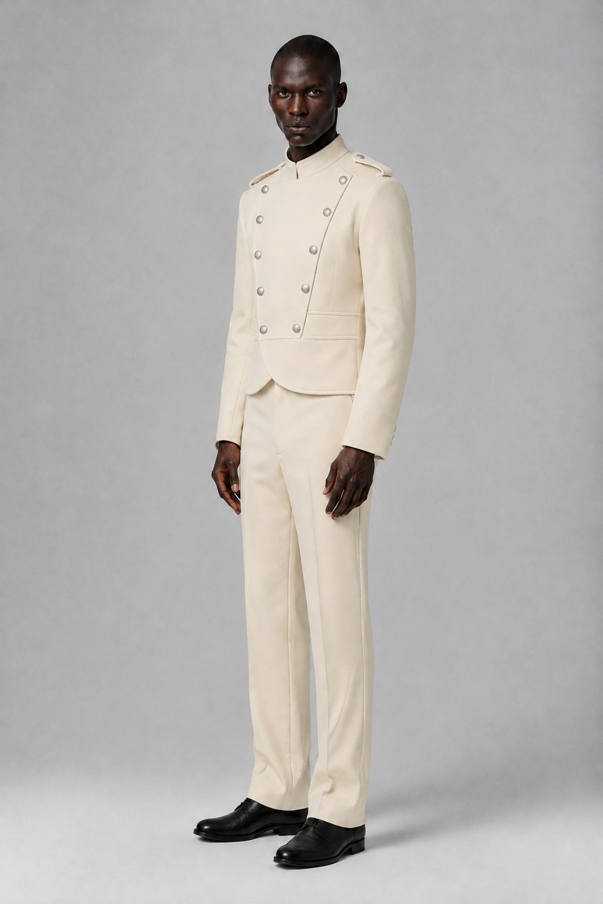 Bolodoo Men's Cream Military-Inspired Two-Piece Suit with Stand Collar - Cream - Cream_4