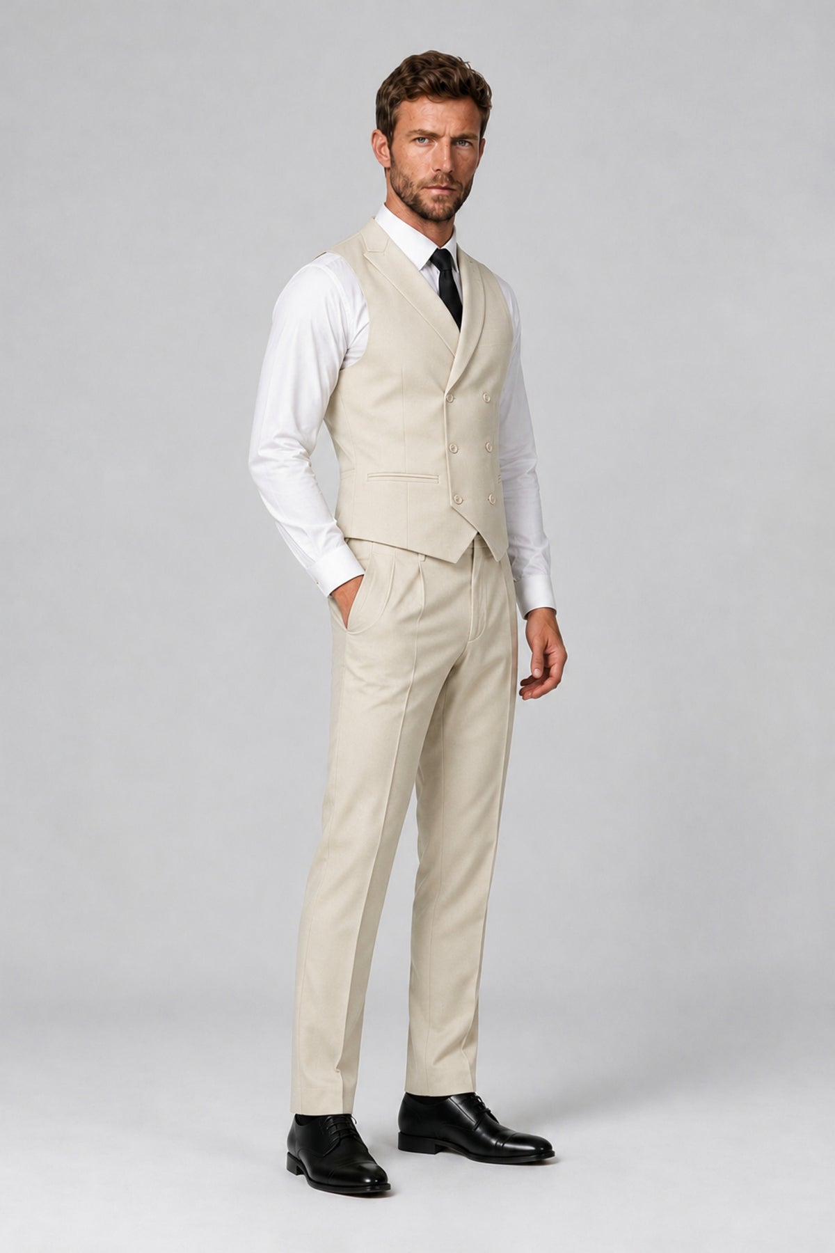 Bolodoo Men's Cream Double-Breasted Vest and Pants 2-Piece Suit - Cream - Cream_4