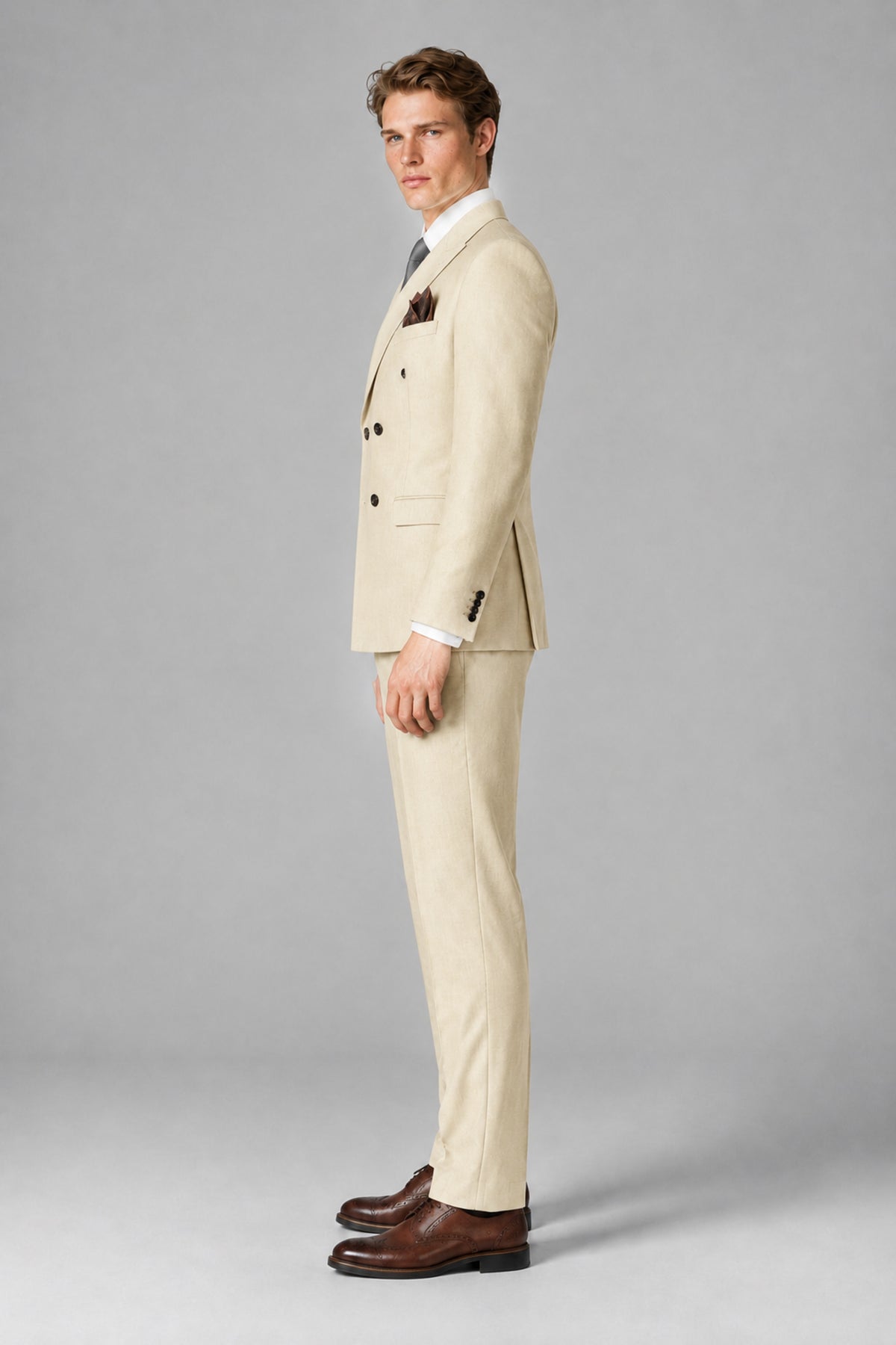 Bolodoo Men's Cream Double-Breasted Two-Piece Suit with Peak Lapels - Cream - Cream_4