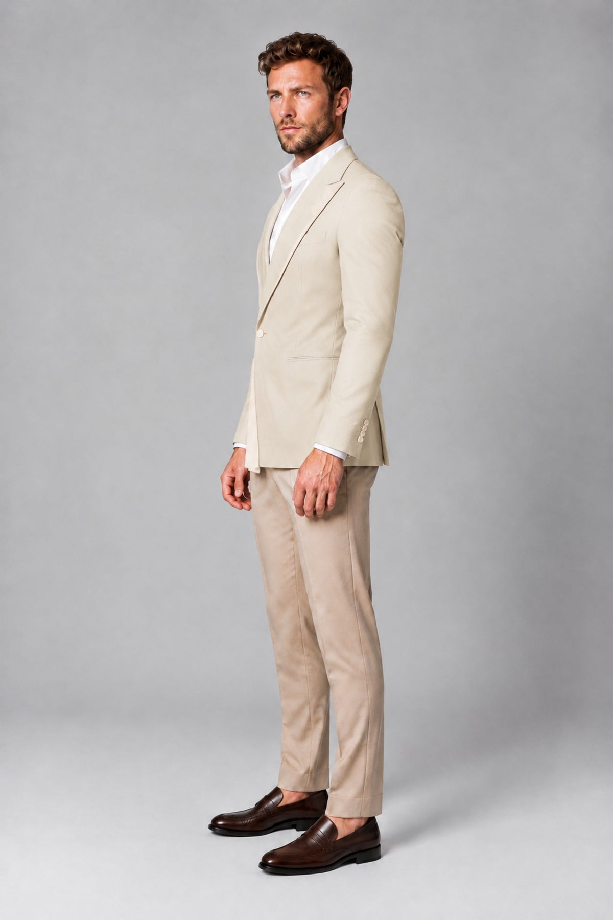 BOLODOO Men's Cream Double-Breasted Blazer & Khaki Trousers Tuxedo 2-Piece Suit Set - Cream - Cream_4