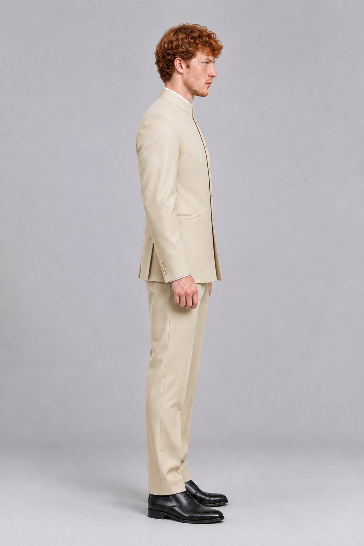 BOLODOO Men's Cream Mandarin Collar Two-Piece Suit - Cream - Cream_4