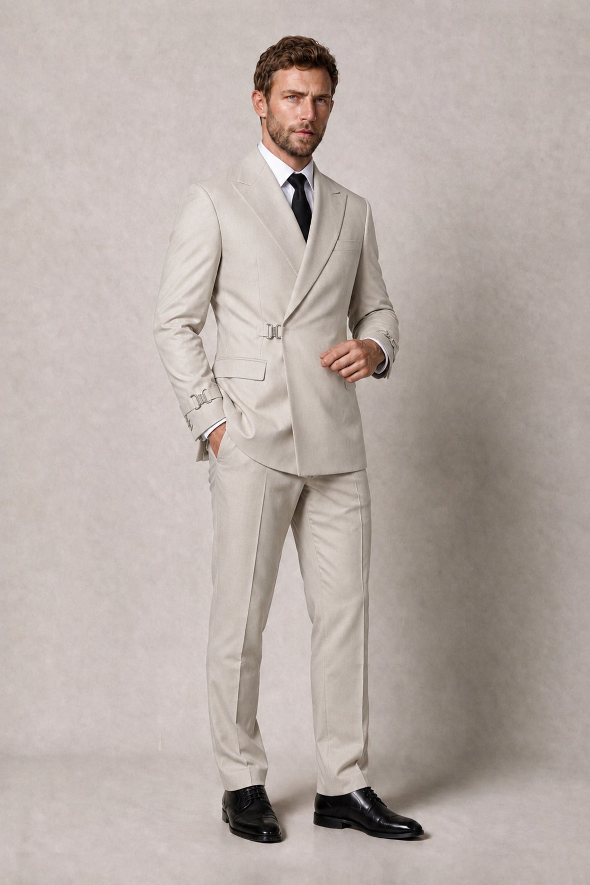 BOLODOO Men's Cream Double-Breasted 2-Piece Suit Set – Blazer & Tailored Trousers - Cream