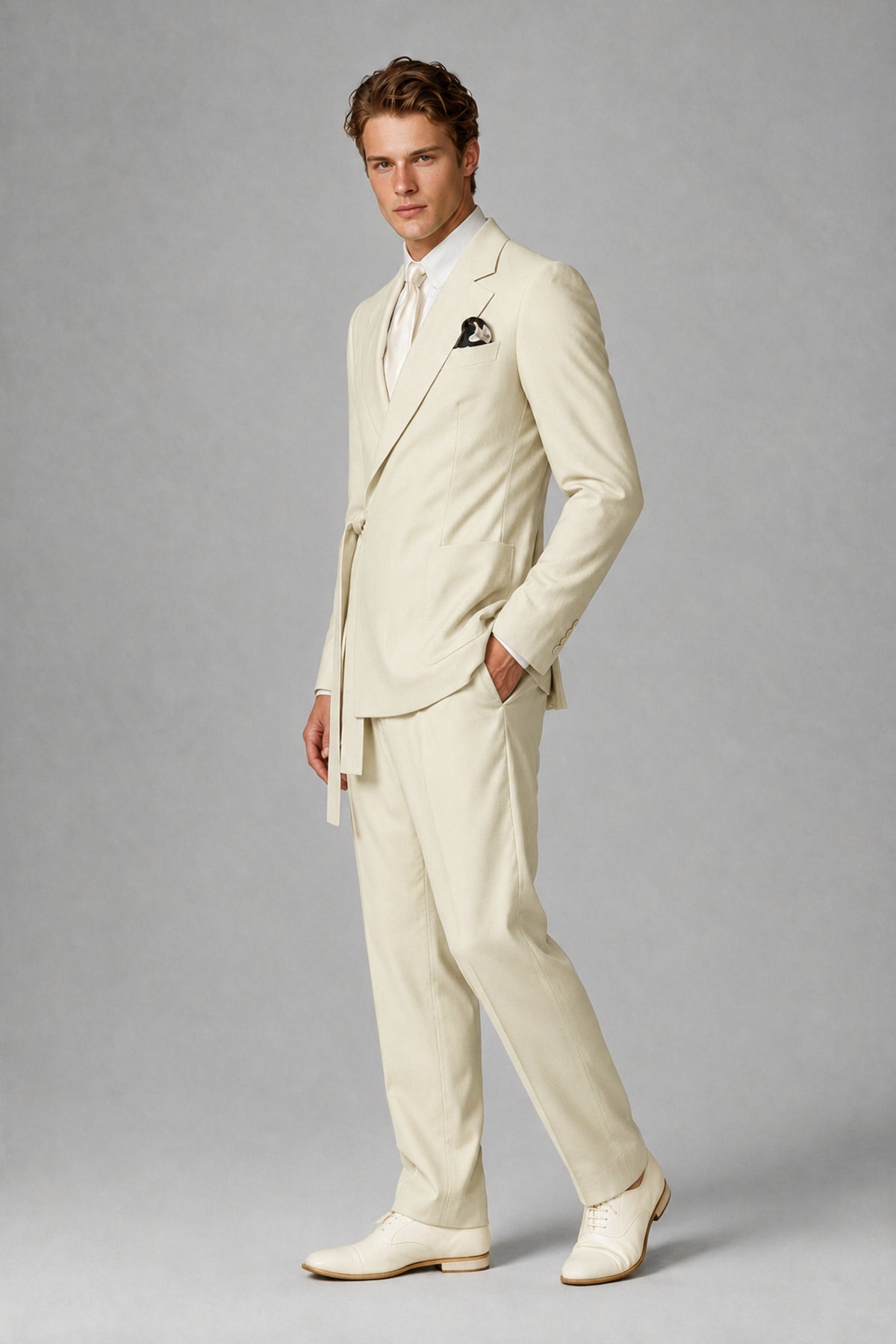 Bolodoo Men's Cream Wrap Tie-Waist Two-Piece Suit – Jacket & Trousers - Cream - Cream_4