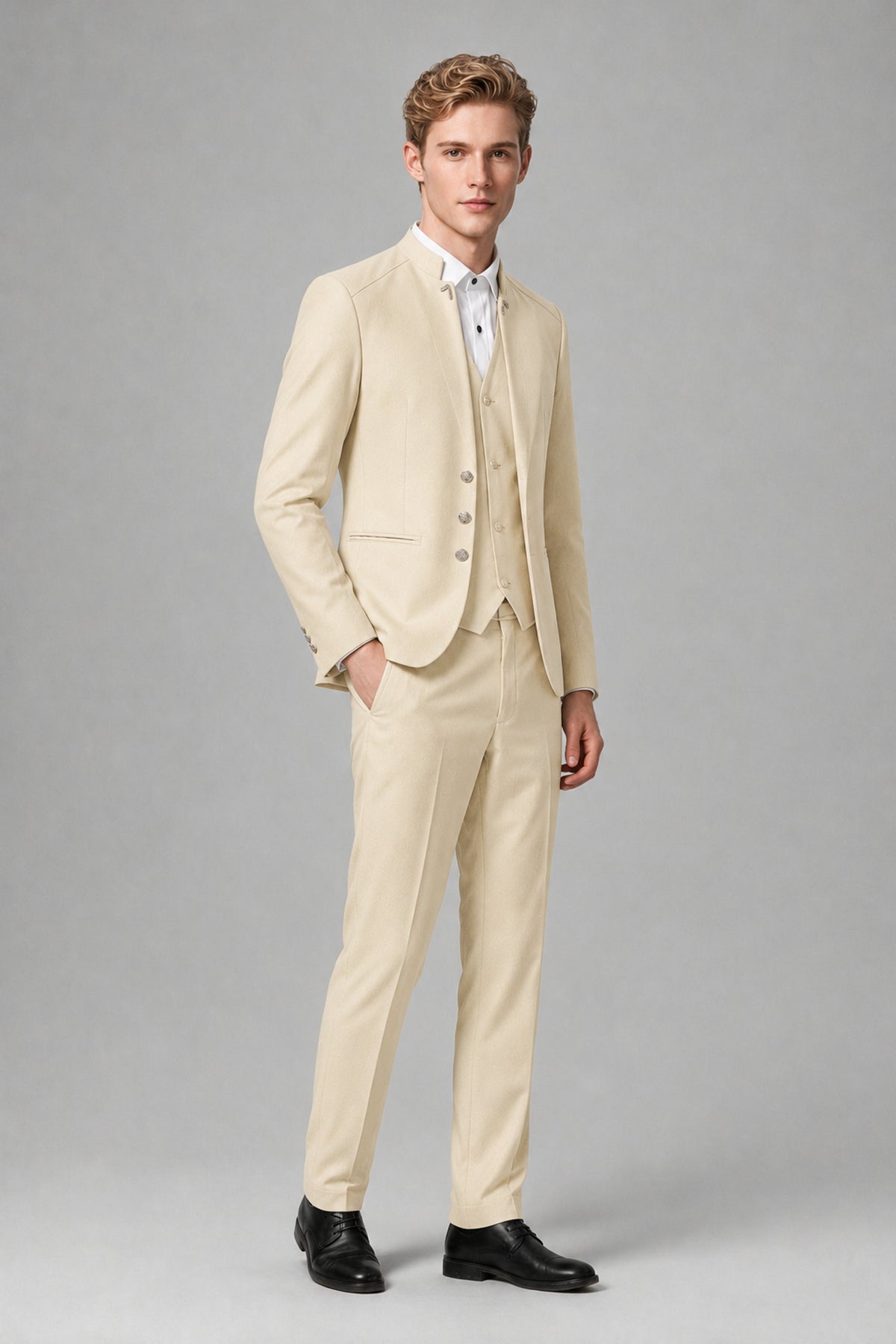 Bolodoo Men's Cream Mandarin Collar 3-Piece Suit – Jacket, Vest & Trousers - Cream - Cream_4